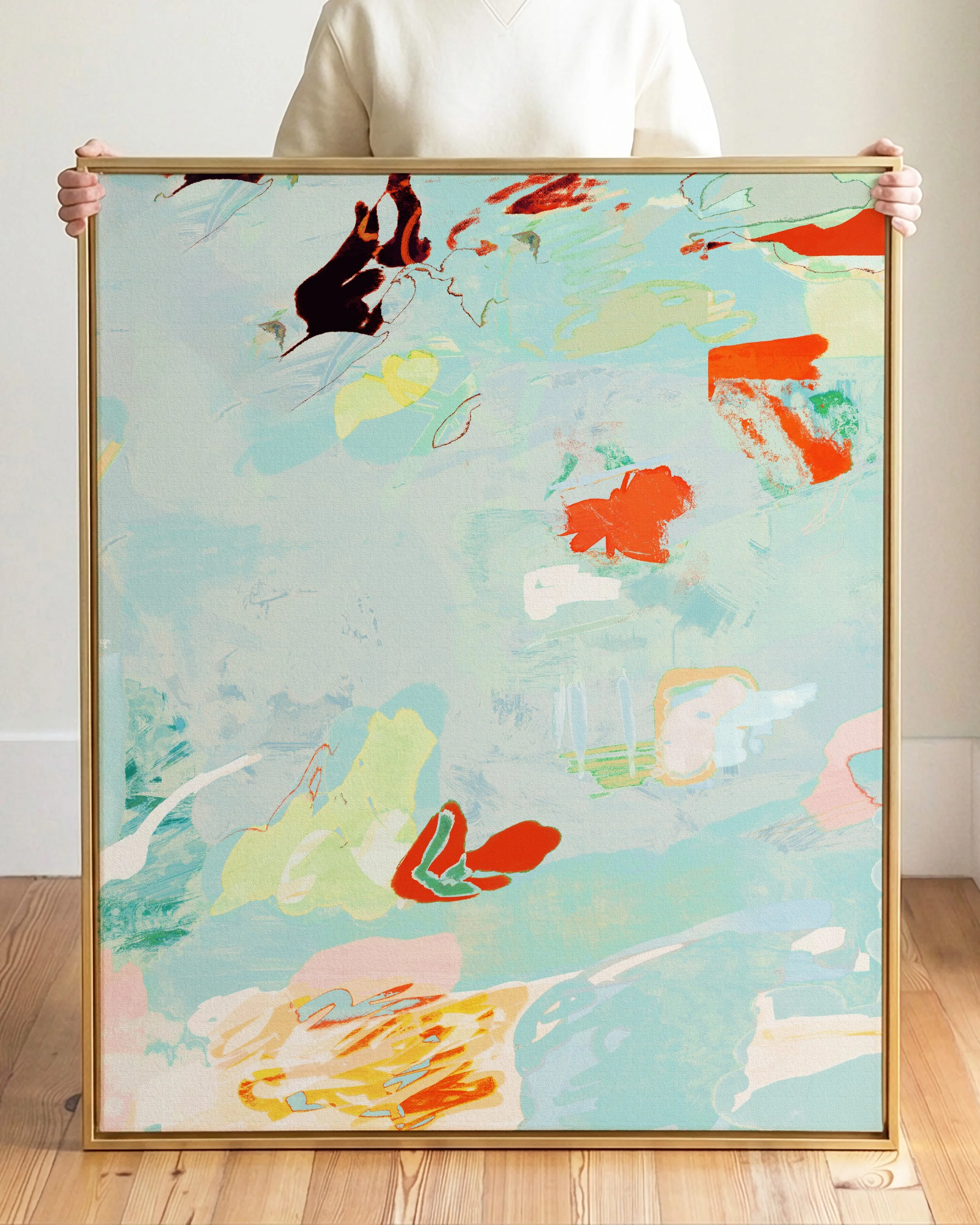 Abstract painting with various colors and shapes, including red, black, yellow, green, pink, and white, with brush strokes and smudges creating a layered, textured appearance.