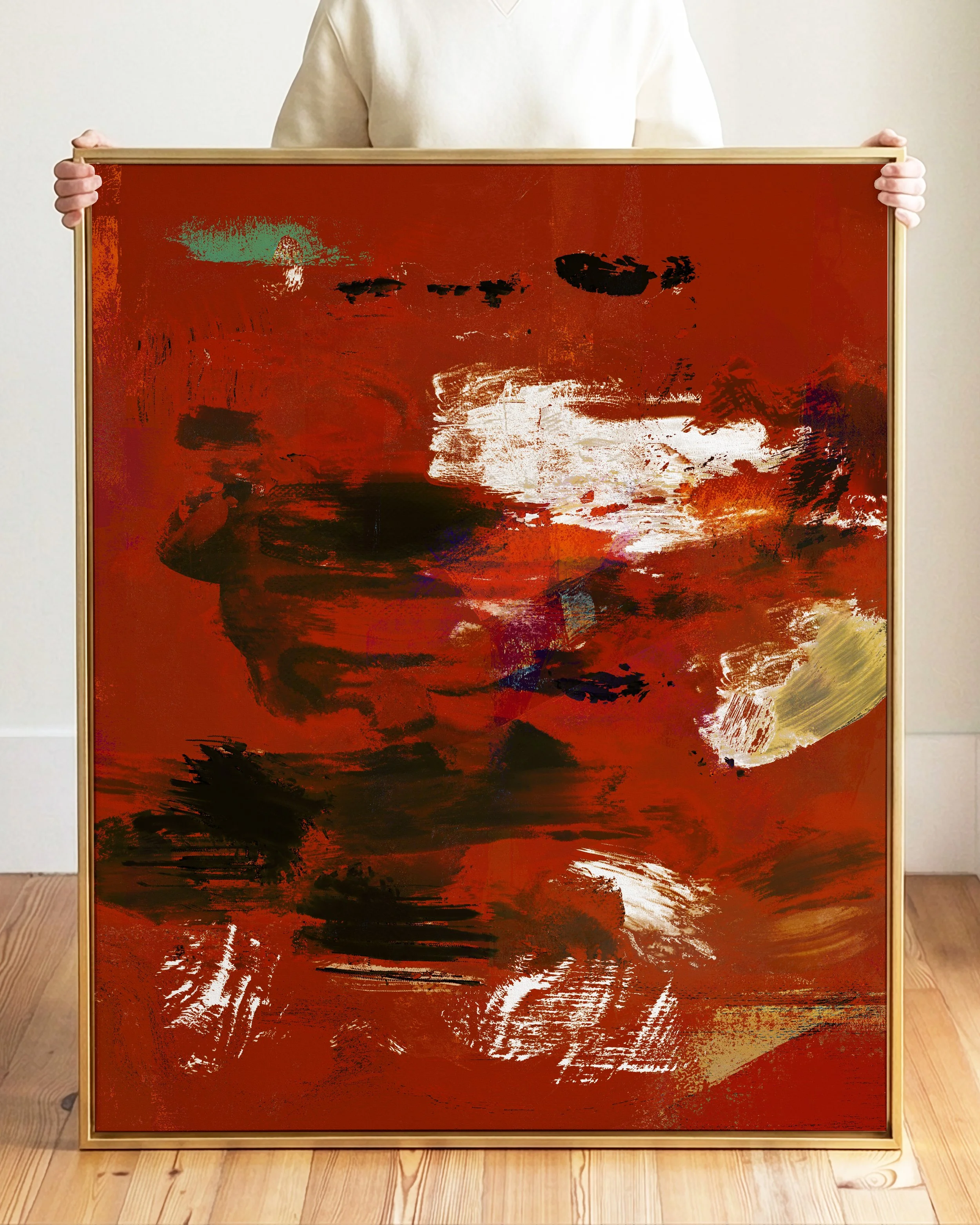 Abstract painting with red, black, white, beige, and blue brushstrokes.