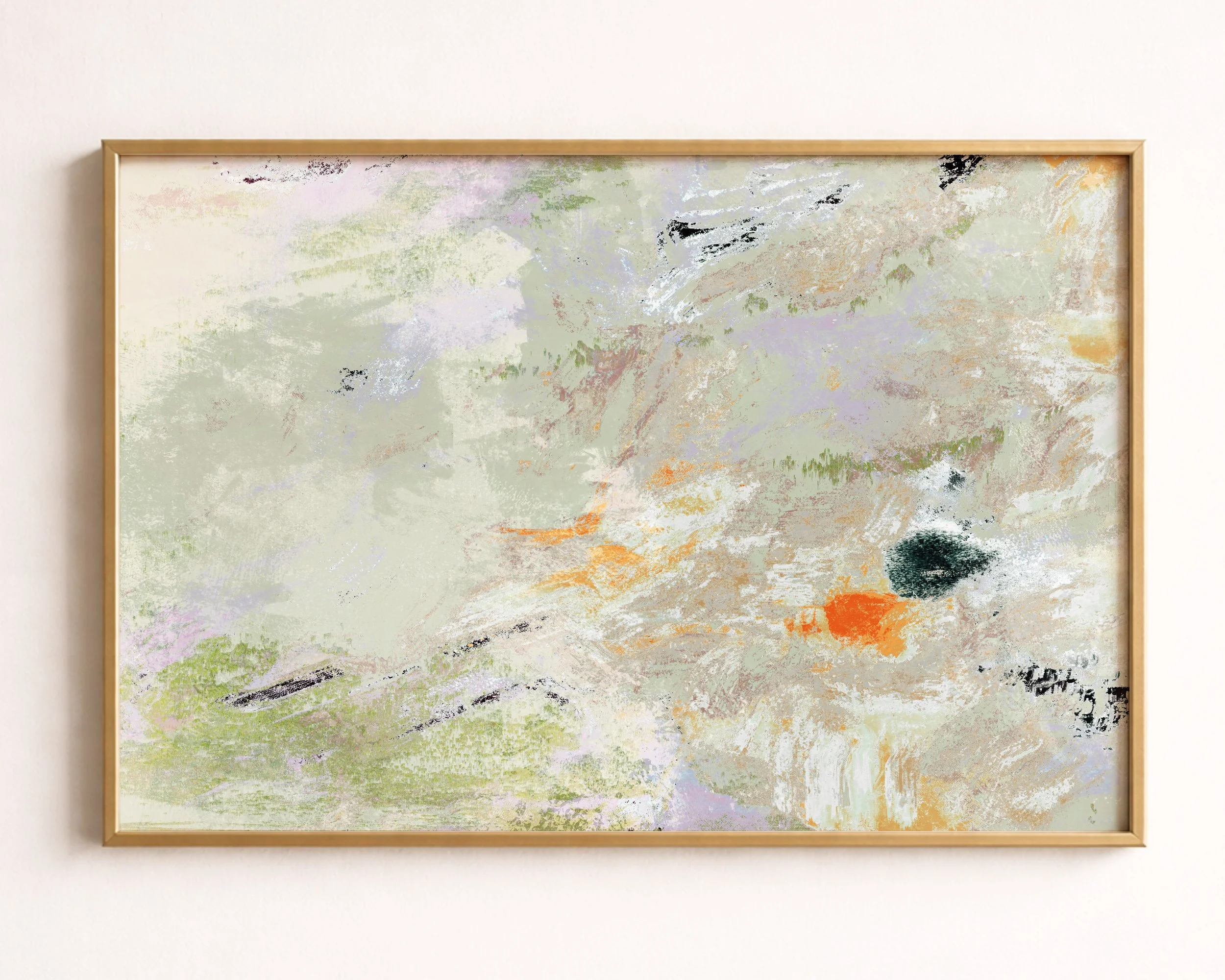 Abstract swirling pastel colors with hints of orange, black, green, and purple, resembling a textured painting.