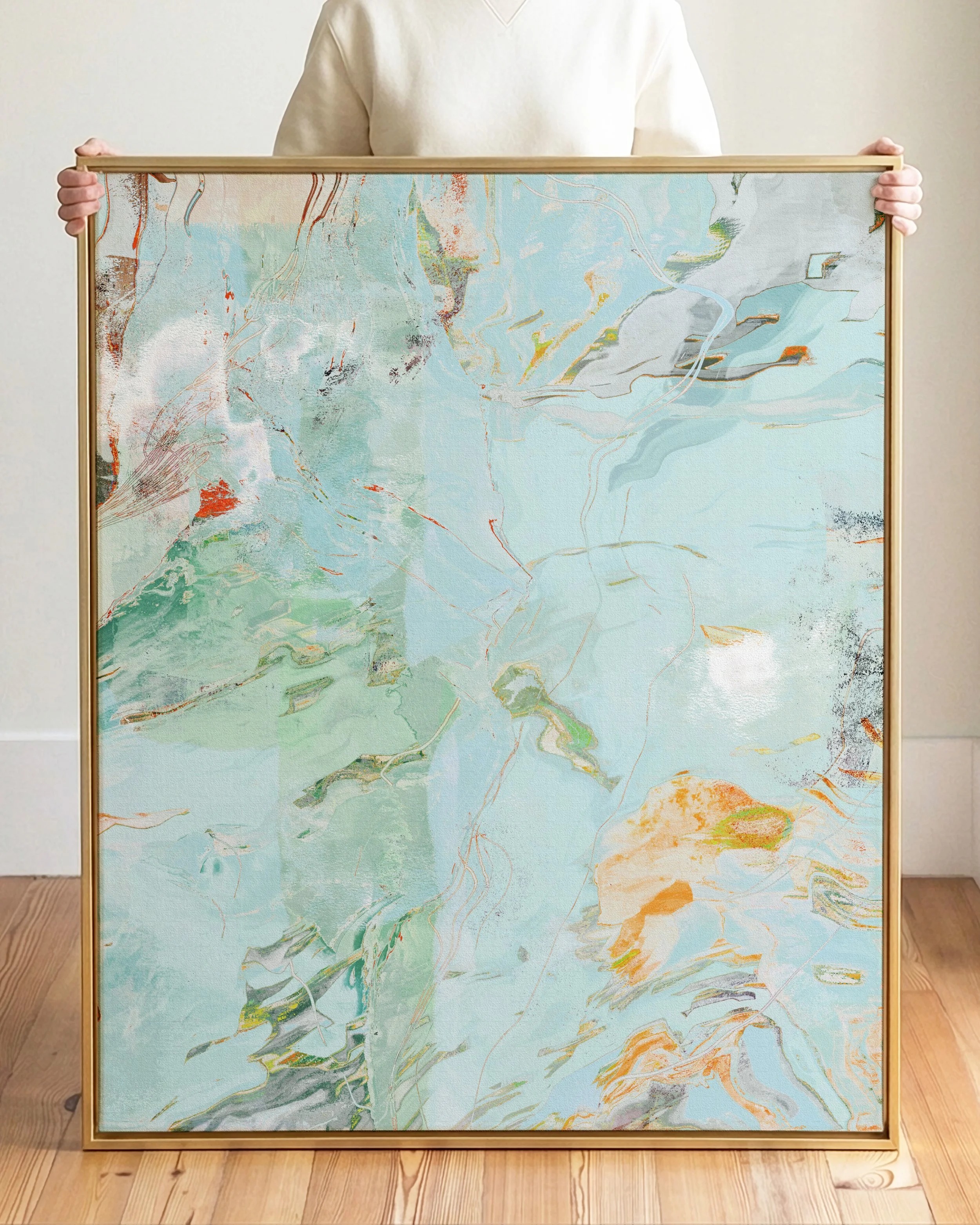 Abstract artwork with swirling pastel colors, including blue, green, orange, and gray.
