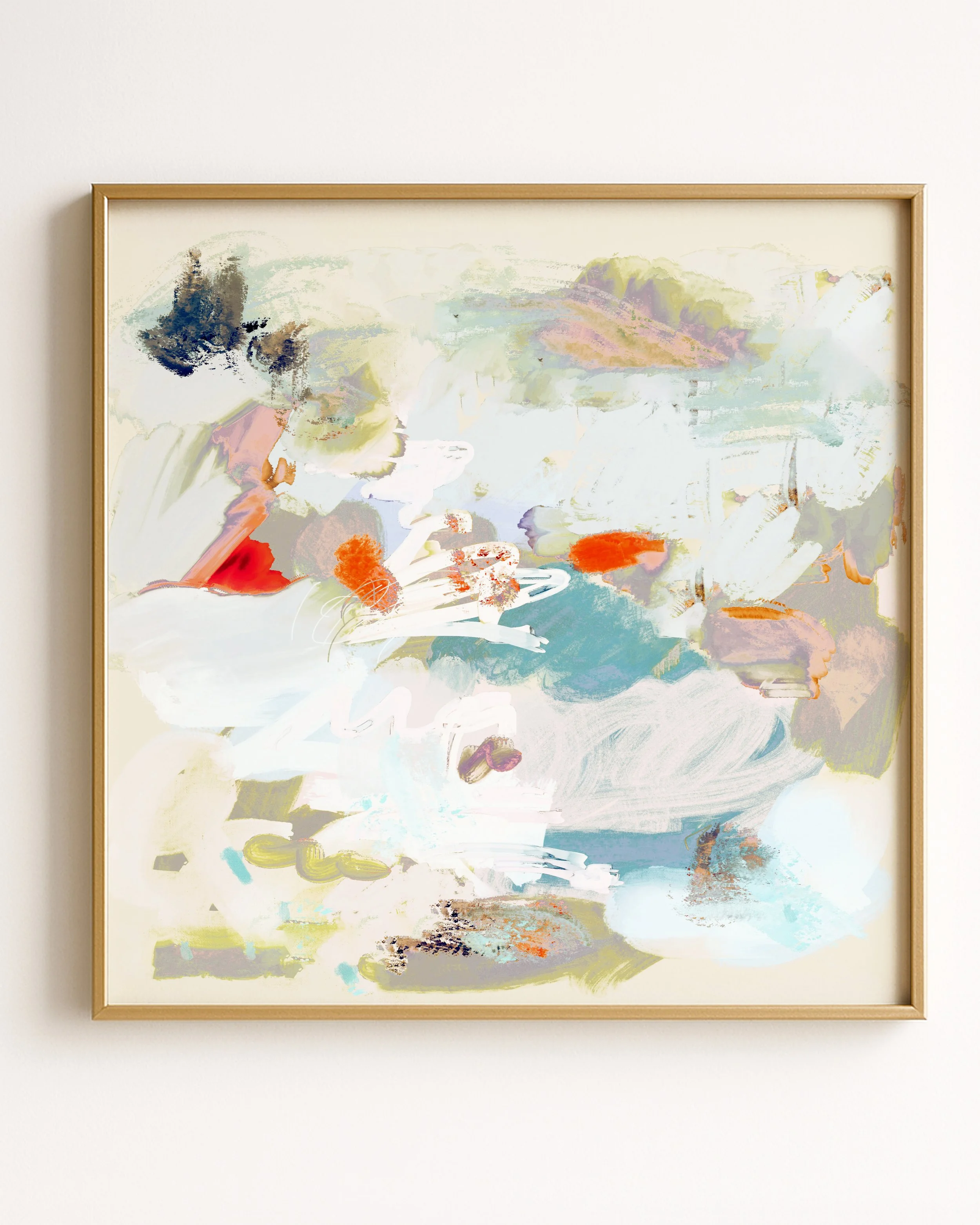 Abstract painting with soft pastel colors, including white, light green, orange, and hints of purple, beige, and blue, featuring fluid brushstrokes and indistinct shapes.
