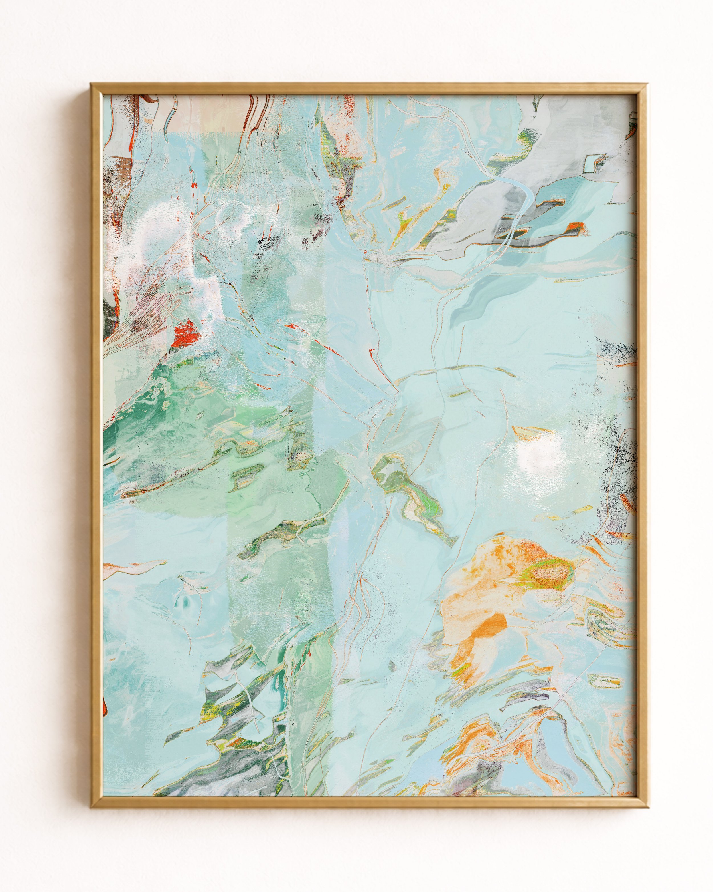Abstract artwork with swirling pastel colors, including blue, green, orange, and gray.