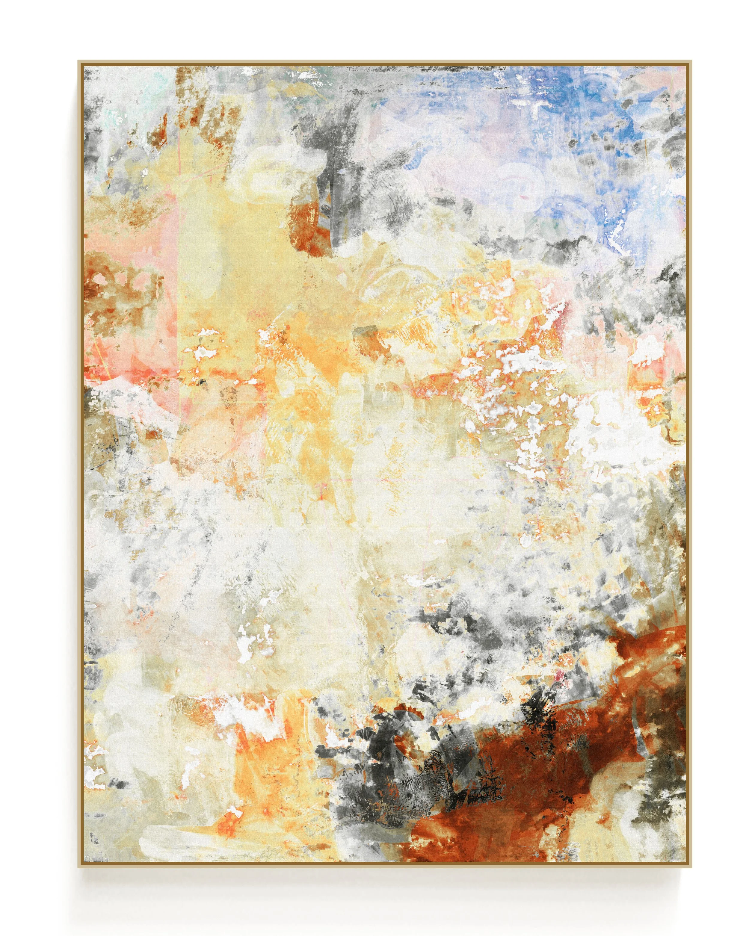 Abstract watercolor painting with splashes of orange, black, yellow, and white, blending into a soft, textured background.