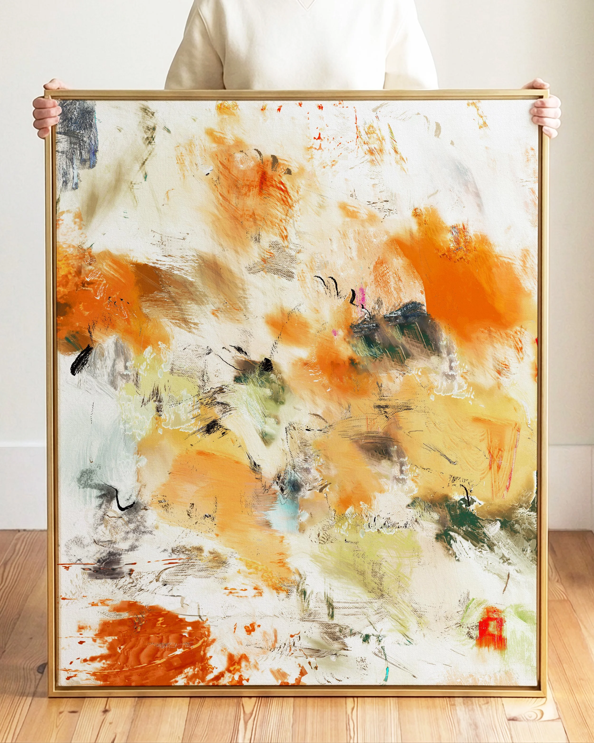 Abstract painting with orange, white, black, and green brushstrokes and textures.