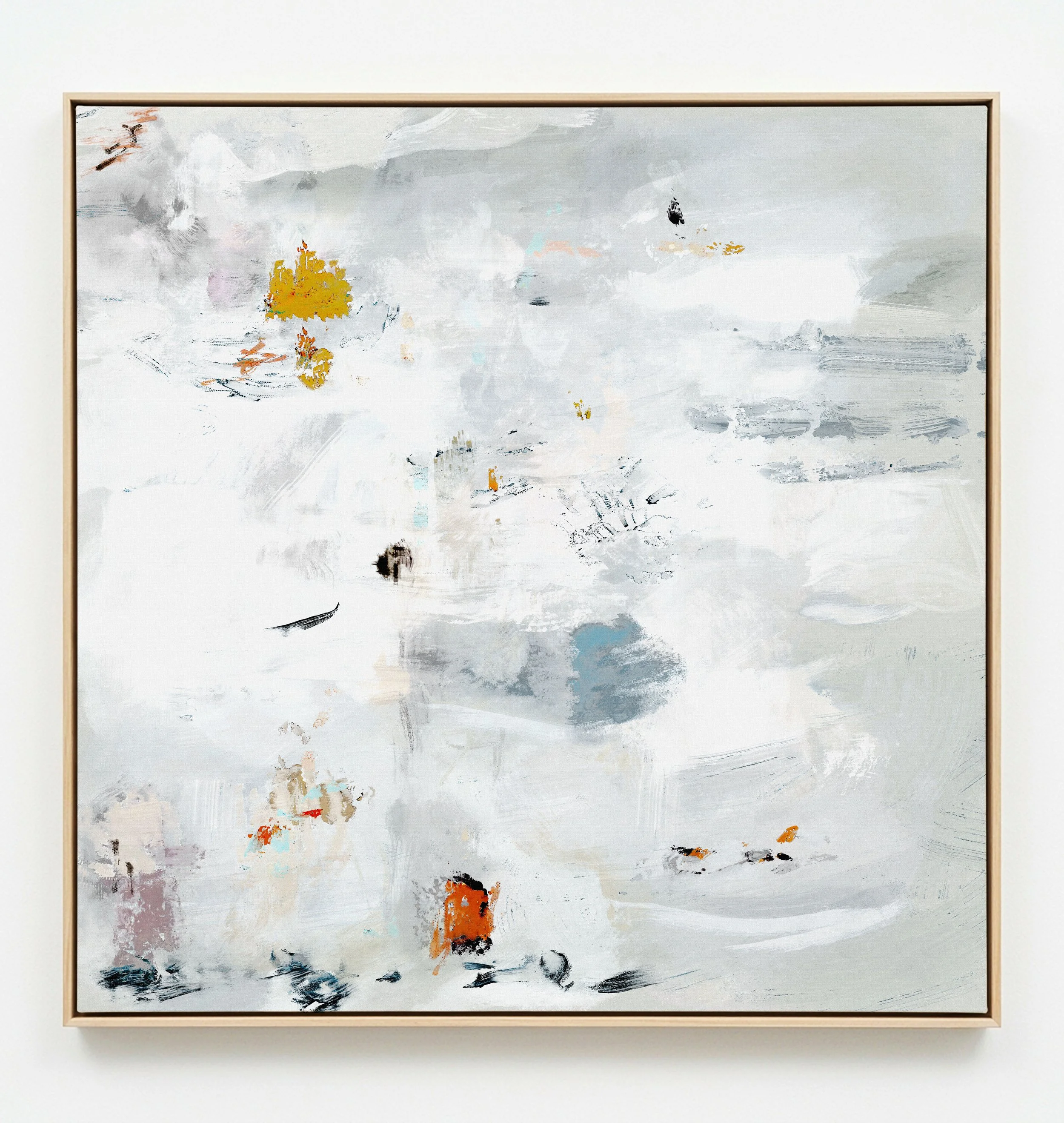 Abstract painting with light, muted colors including white, blue, orange, and black, with various brushstrokes and smudges.