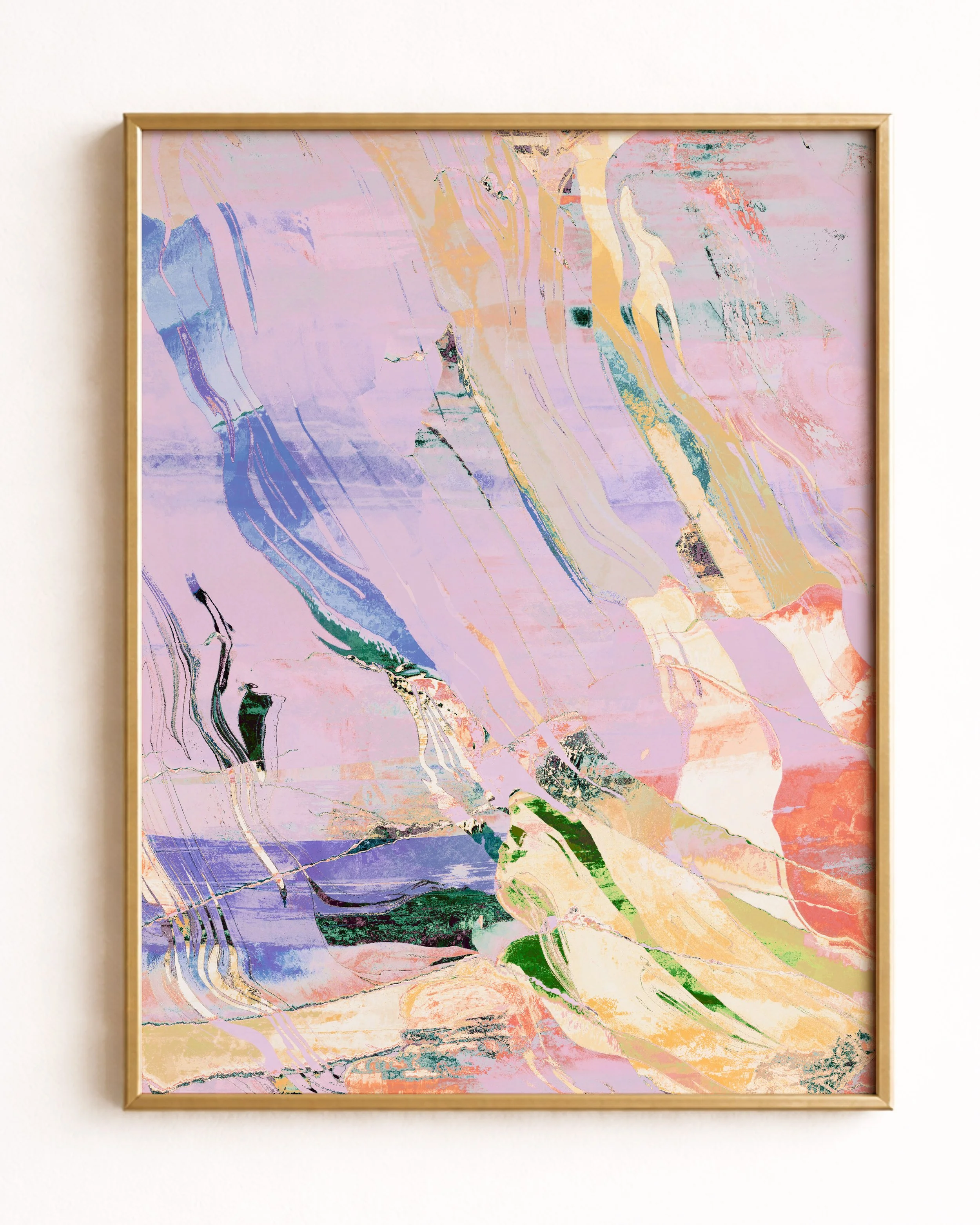 Abstract artwork with pastel colors of pink, purple, yellow, blue, green, and black, featuring swirling and streaking patterns.