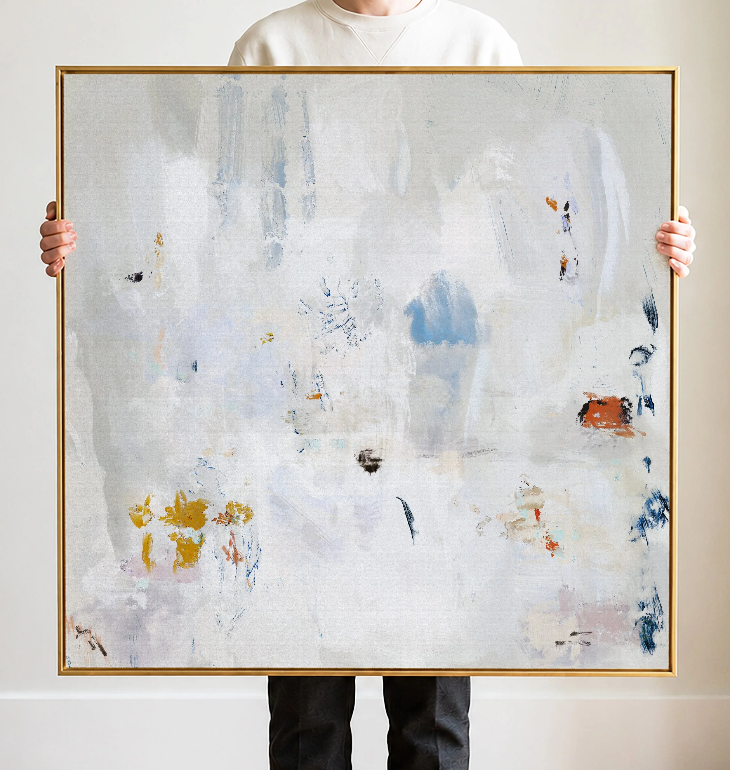 Abstract painting with light, muted colors including white, blue, orange, and black, with various brushstrokes and smudges.