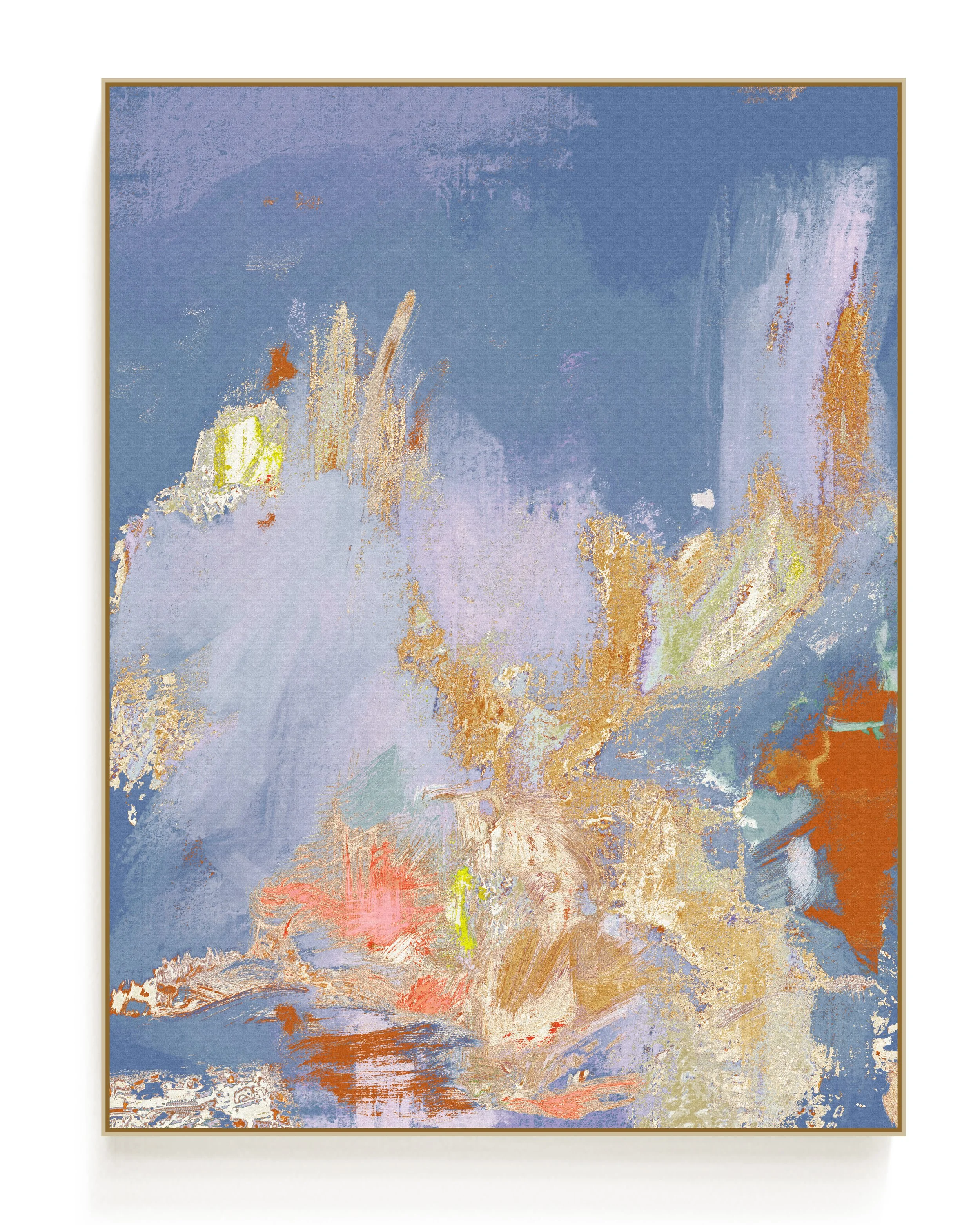 Abstract impressionist painting with pastel shades of blue, purple, yellow, and orange, depicting a blurry, indistinct scene.