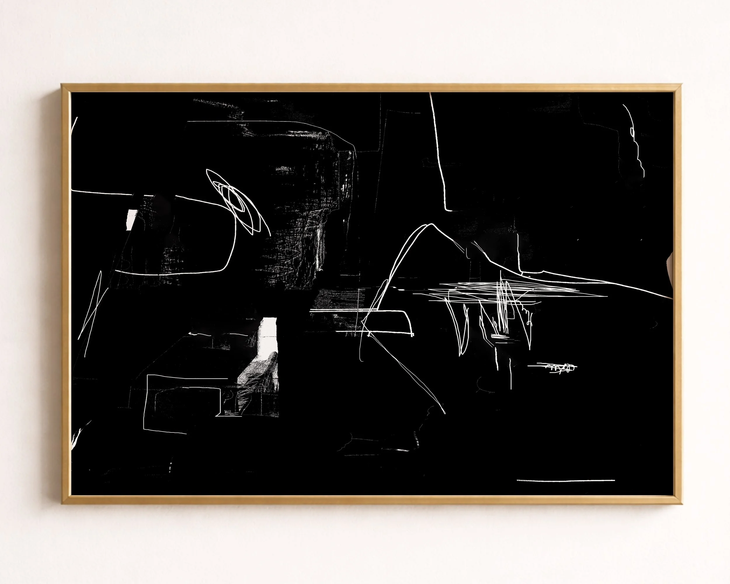 Abstract black and white digital artwork with irregular lines and shapes.