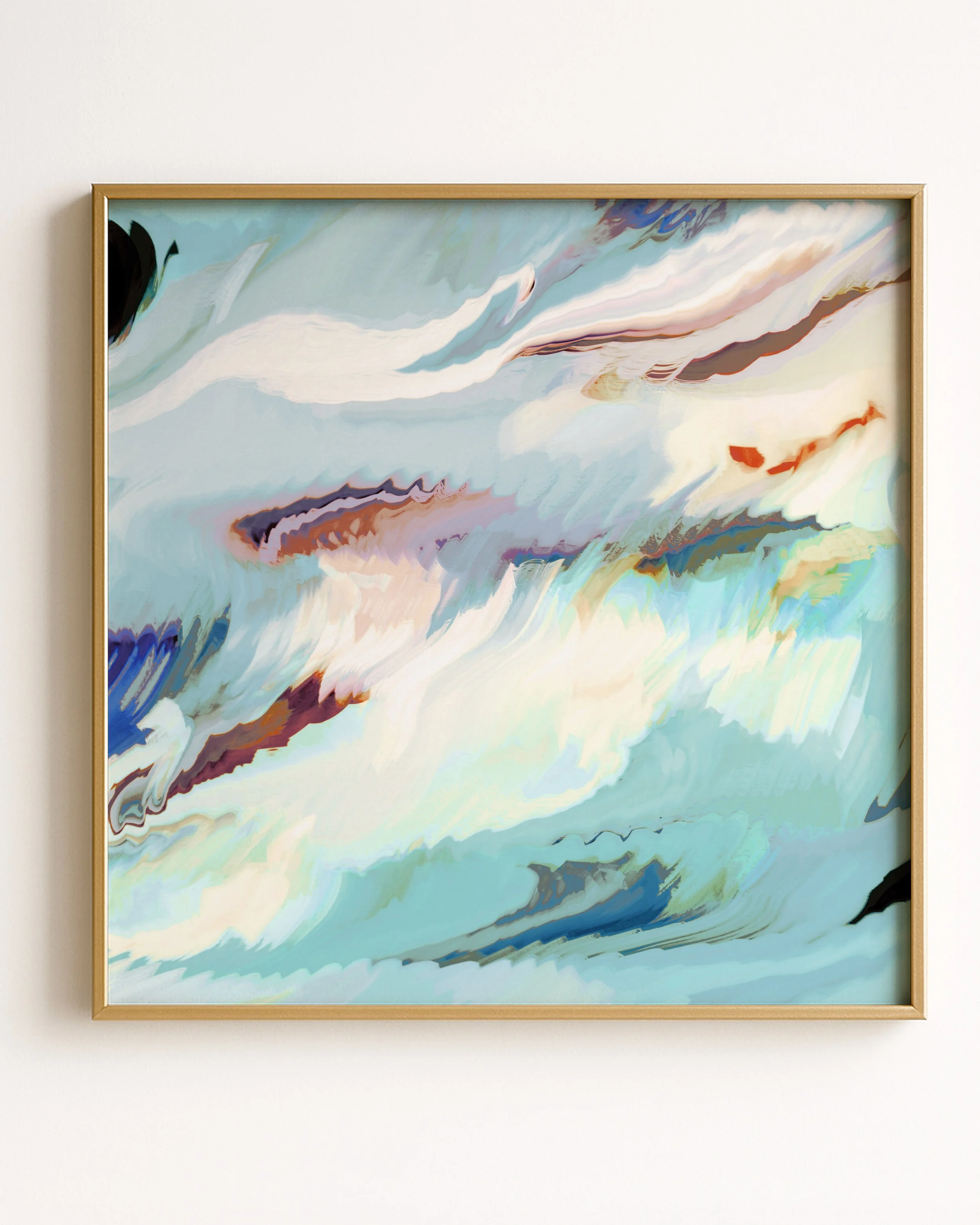 Abstract swirl of pastel colors including blues, whites, pinks, and browns in a fluid, wavy pattern.