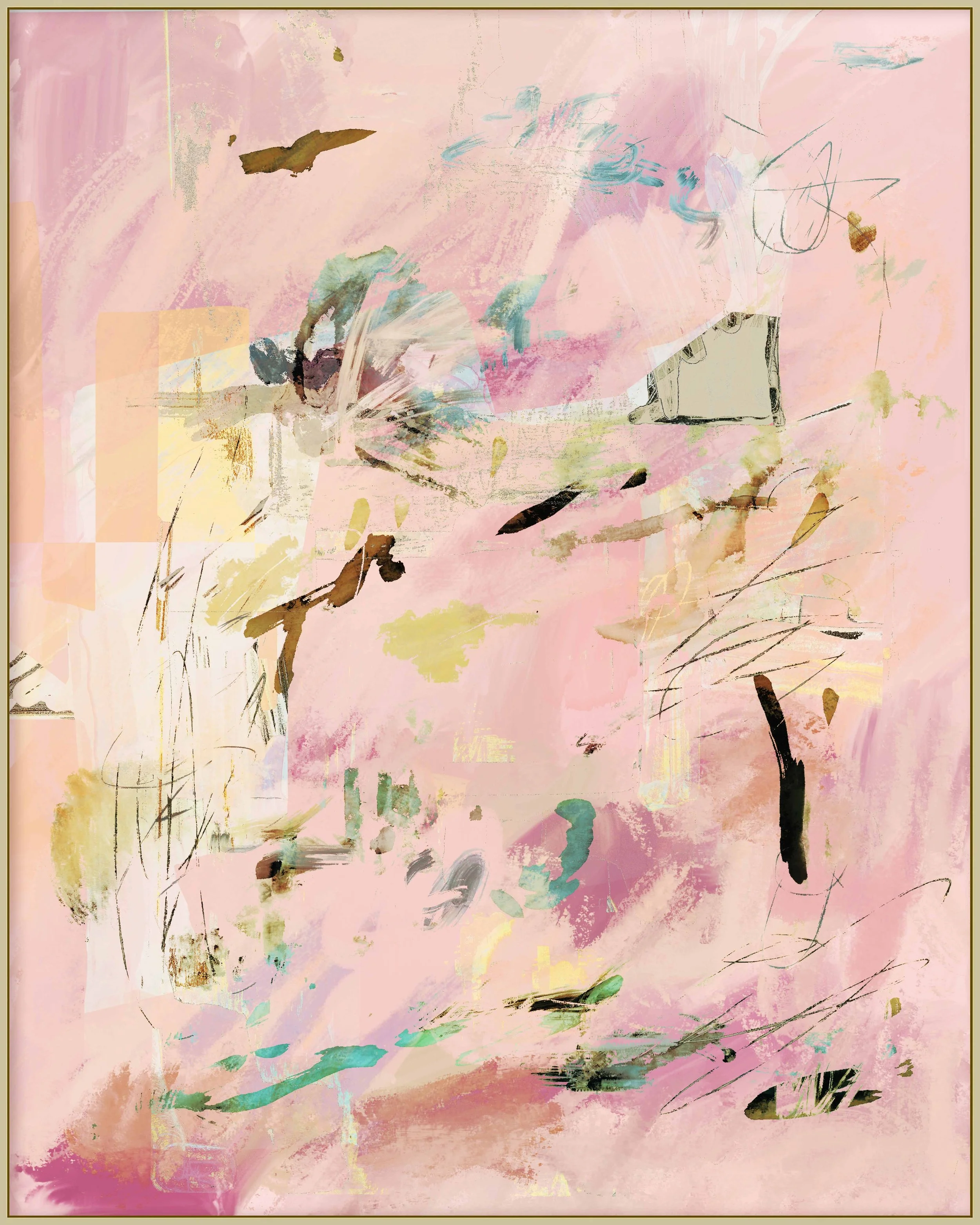 Abstract digital artwork with pink, blue, green, and black brushstrokes and scribbles.