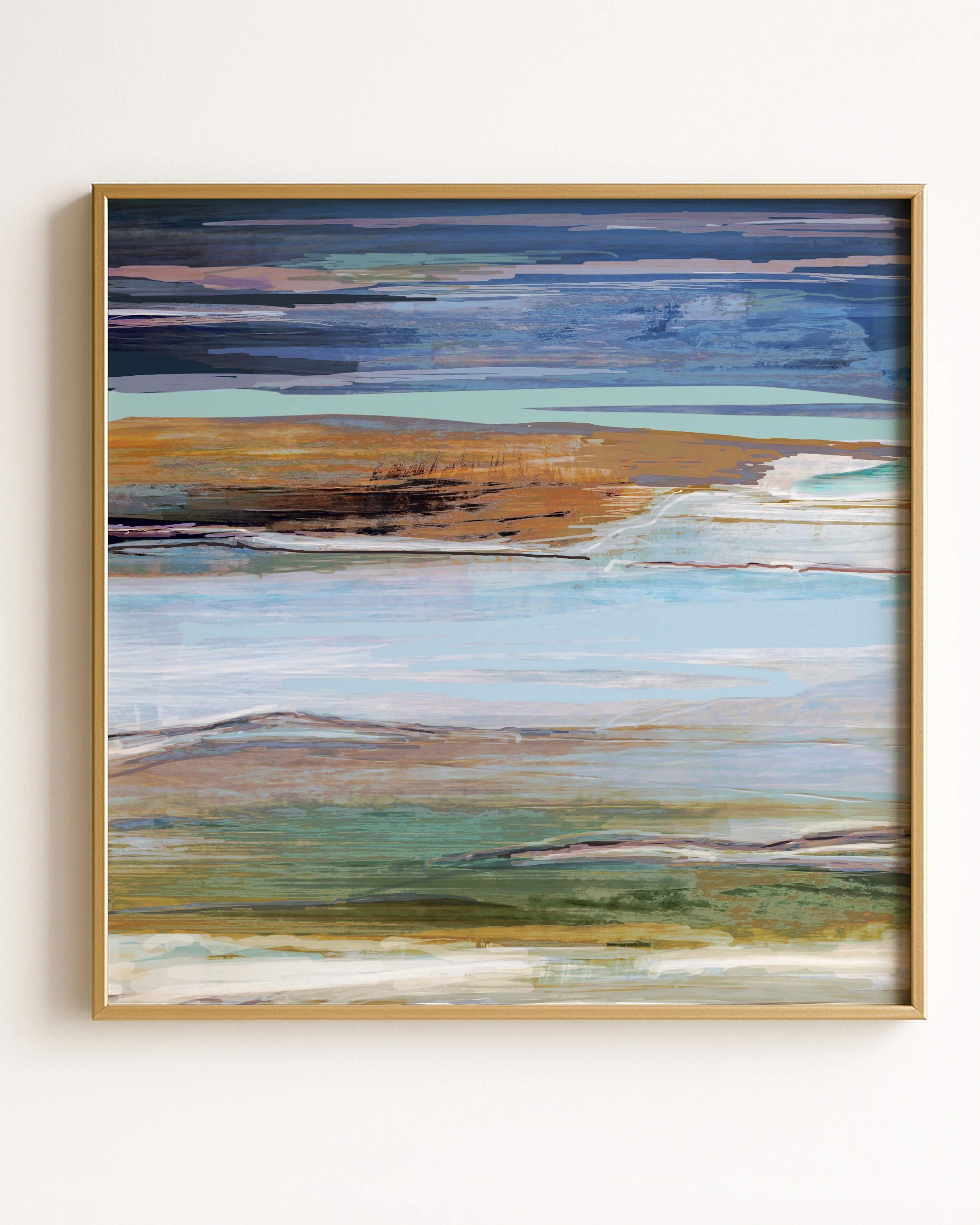 Abstract depiction of a beach with waves hitting the shore, featuring sky, ocean, and sand in muted tones.