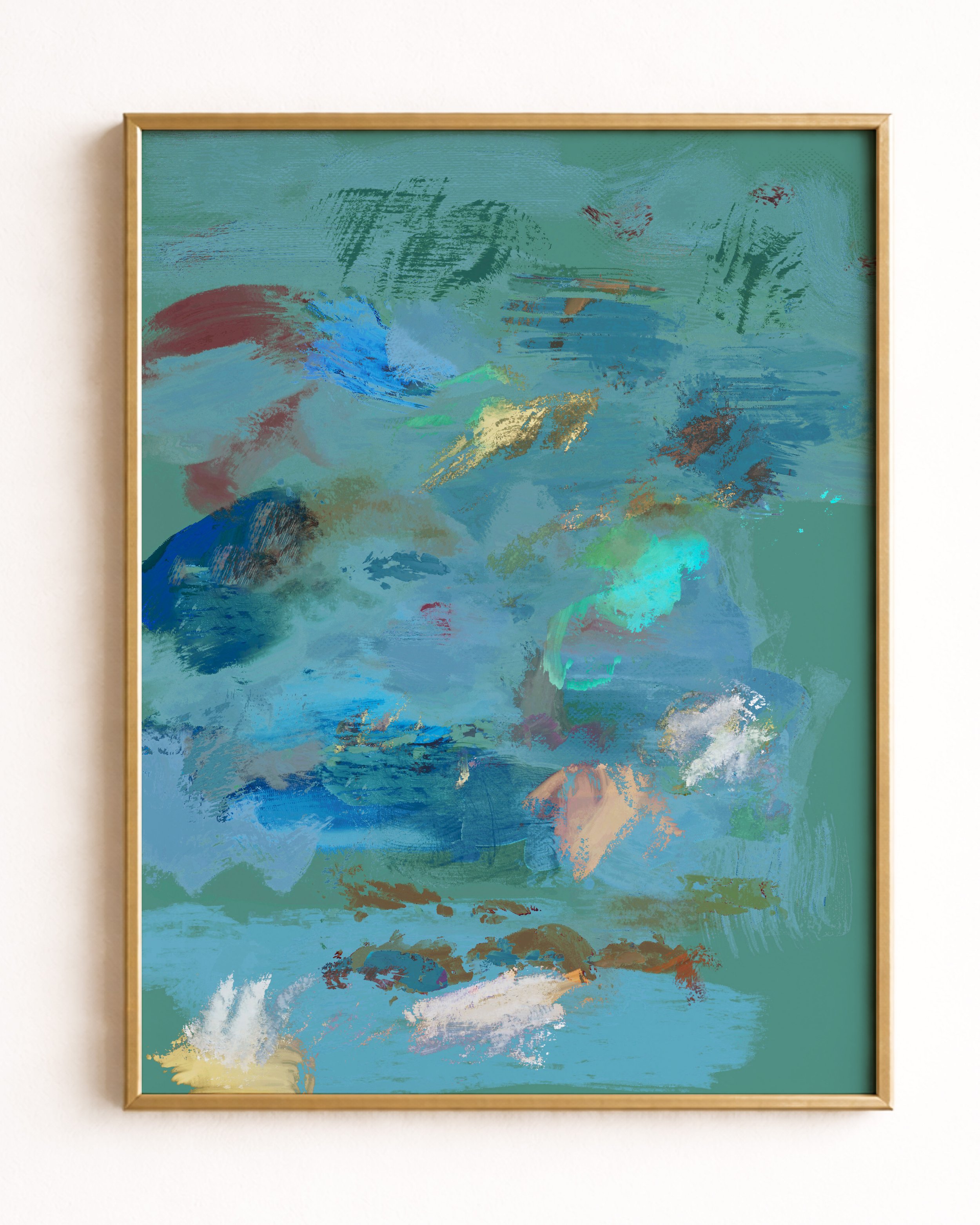 Abstract painting with blue, green, brown, and white brushstrokes on a teal background.