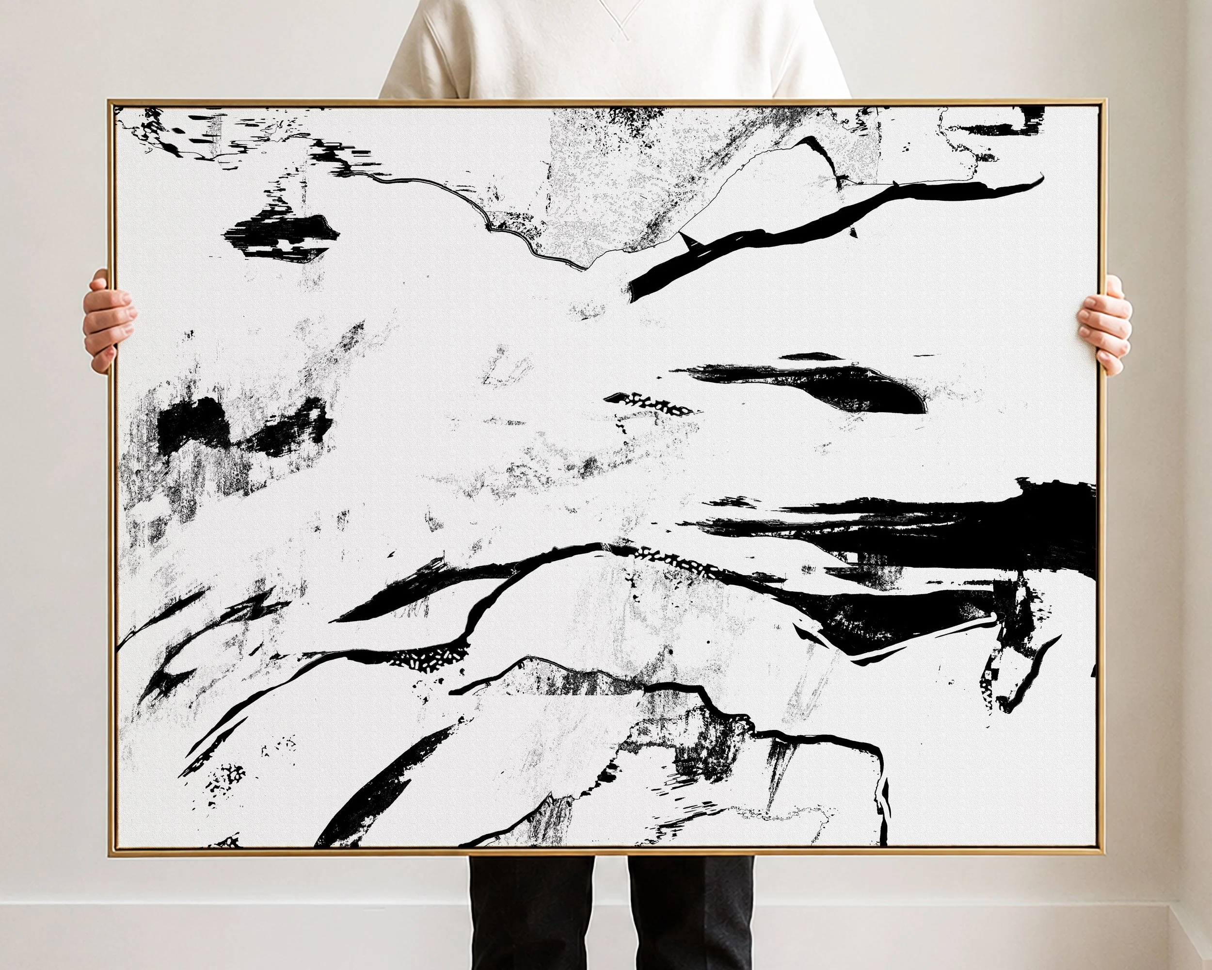 Abstract black and white painting featuring flowing lines and textured backgrounds.