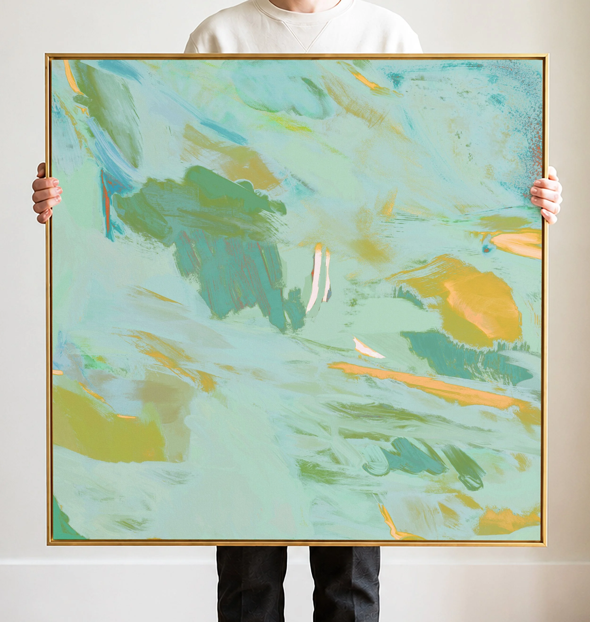 Abstract painting with pastel shades of blue, green, yellow, and orange, featuring broad brushstrokes and textured strokes.