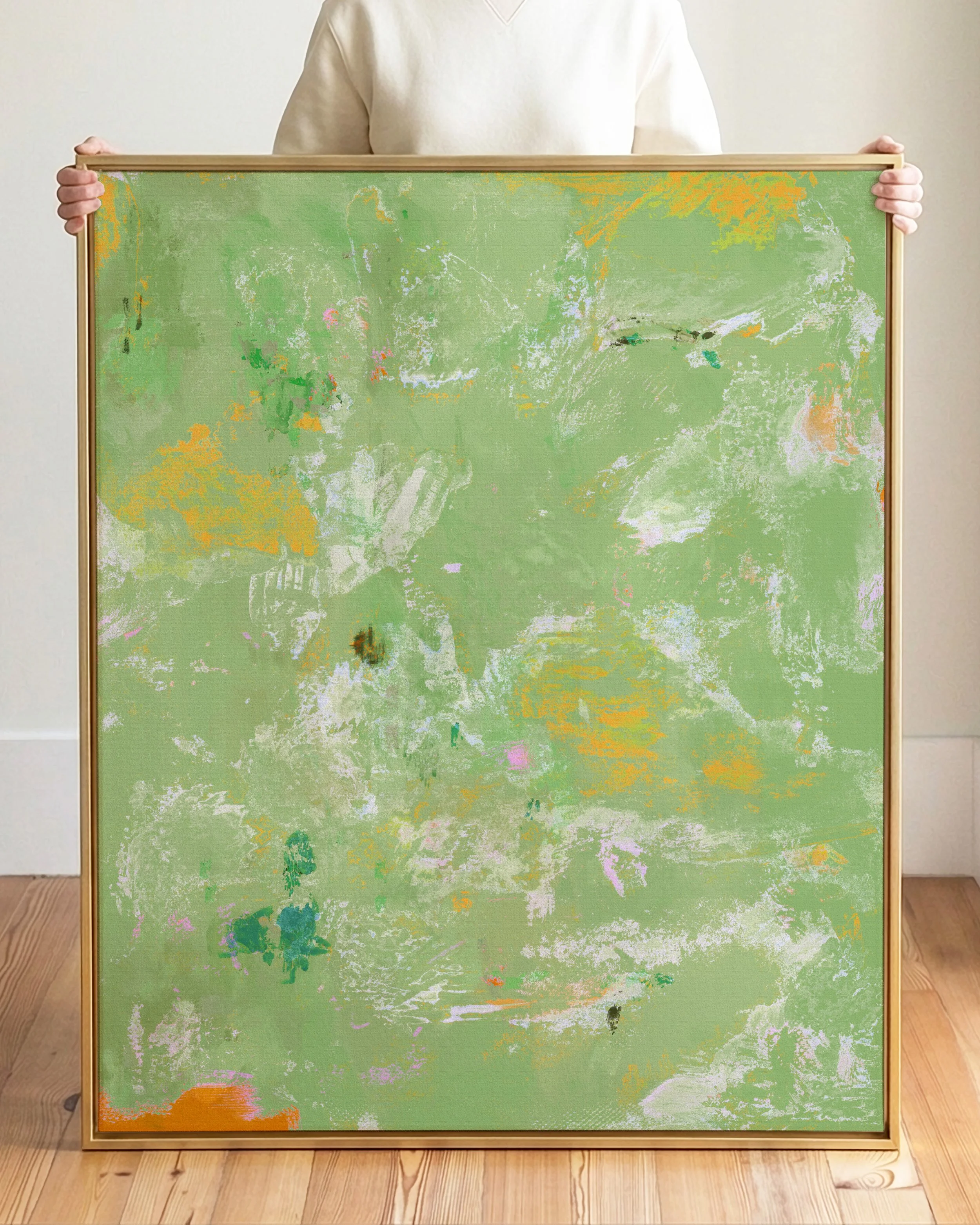 Abstract pastel-colored texture with green, orange, pink, white, and black brushstrokes and smudges.