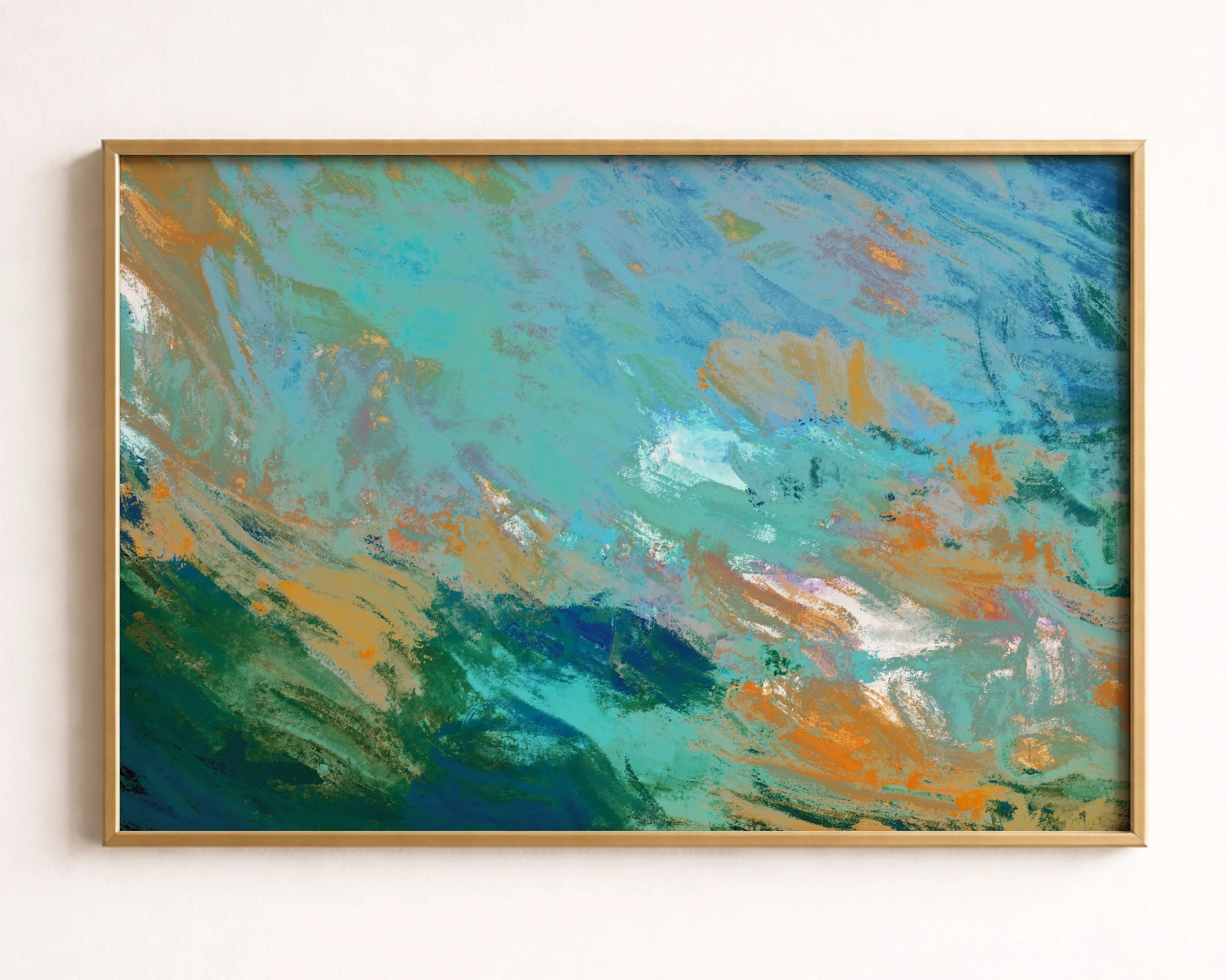 Abstract painting with swirling shades of blue, teal, orange, beige, and white.