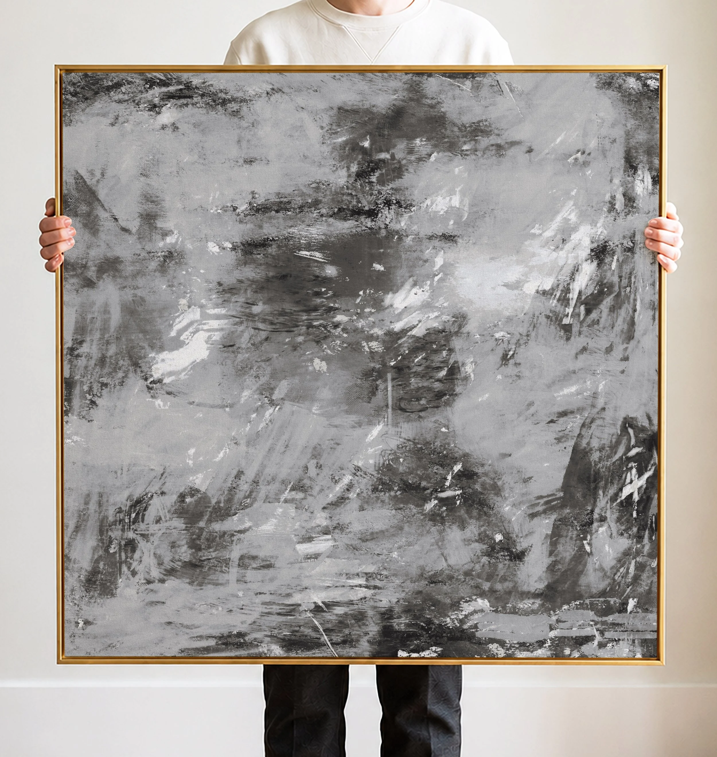 Abstract black and white textured painting with brushstrokes and layered patterns.