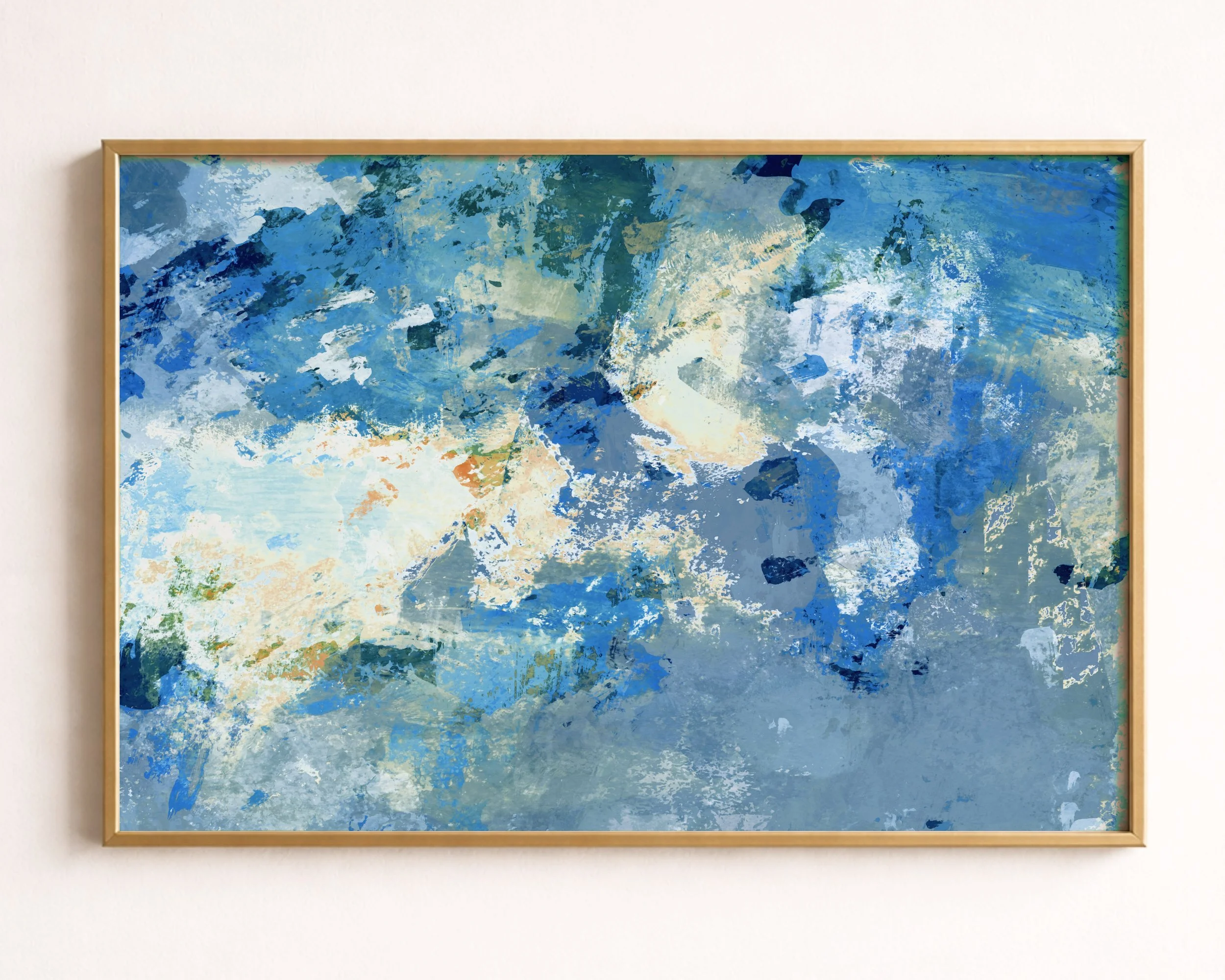 Abstract expressionist painting with various shades of blue, white, and hints of beige and green.