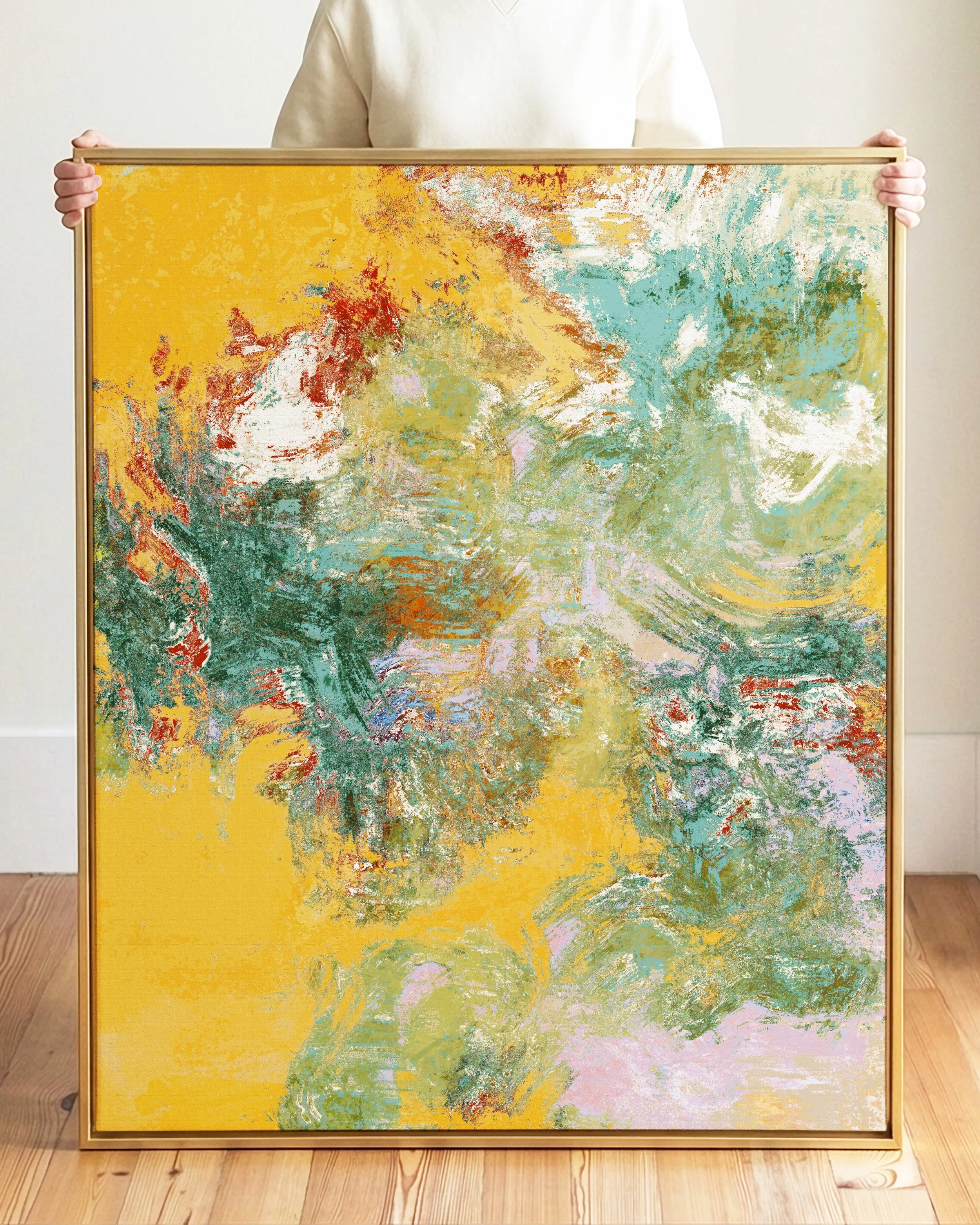 Abstract painting with vibrant colors including yellow, green, blue, pink, and white, featuring swirling and textured brushstrokes.