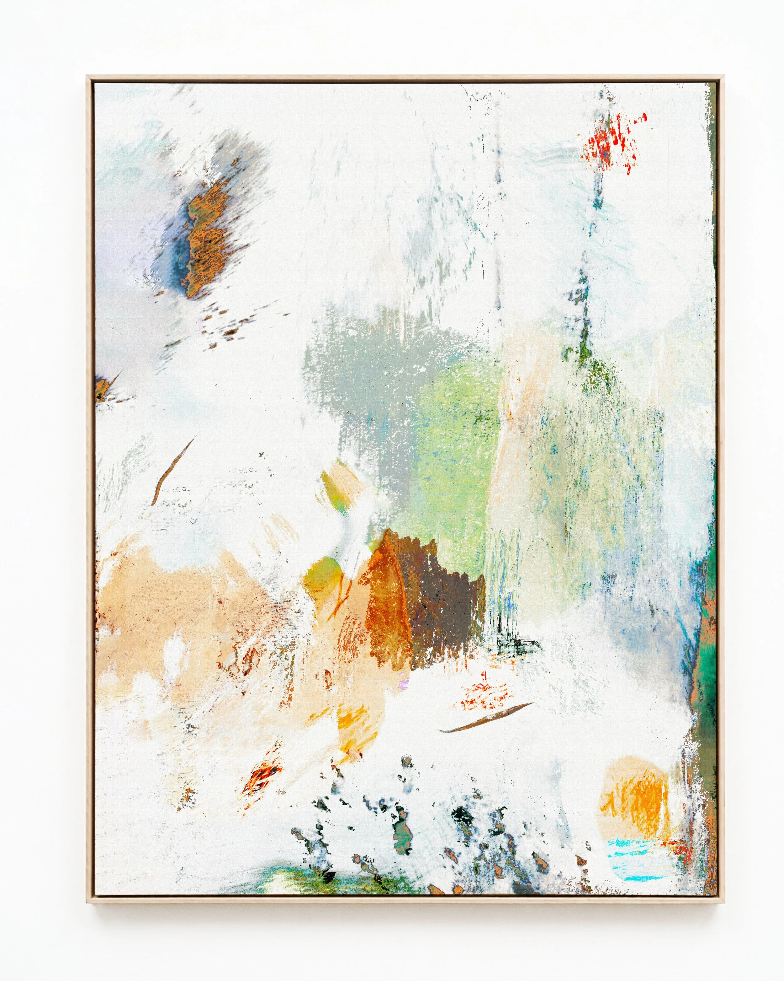 Abstract artwork with splashes of color including white, beige, brown, yellow, black, green, orange, and hints of red.