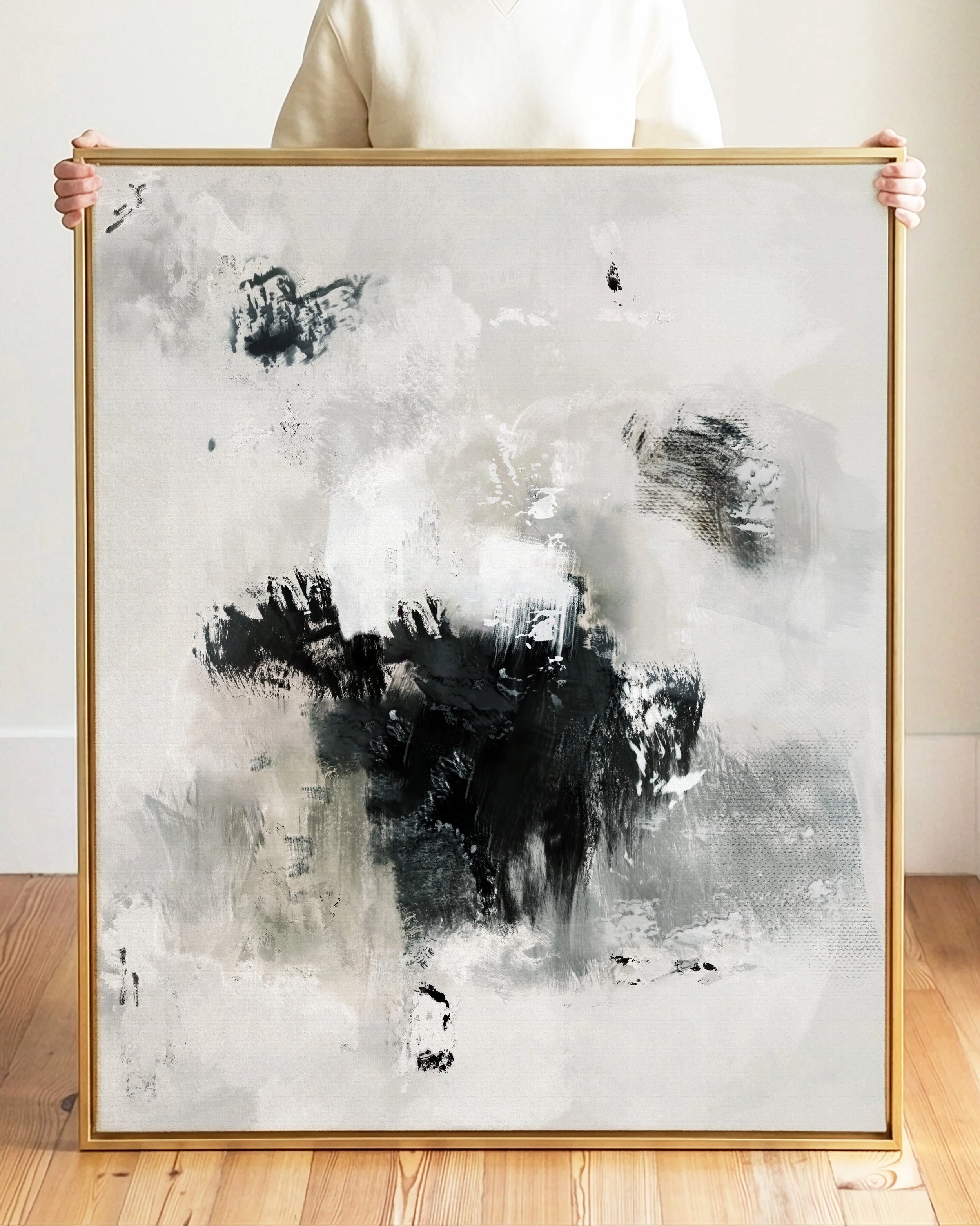 Abstract black and white painting with textured brushstrokes and smudges.