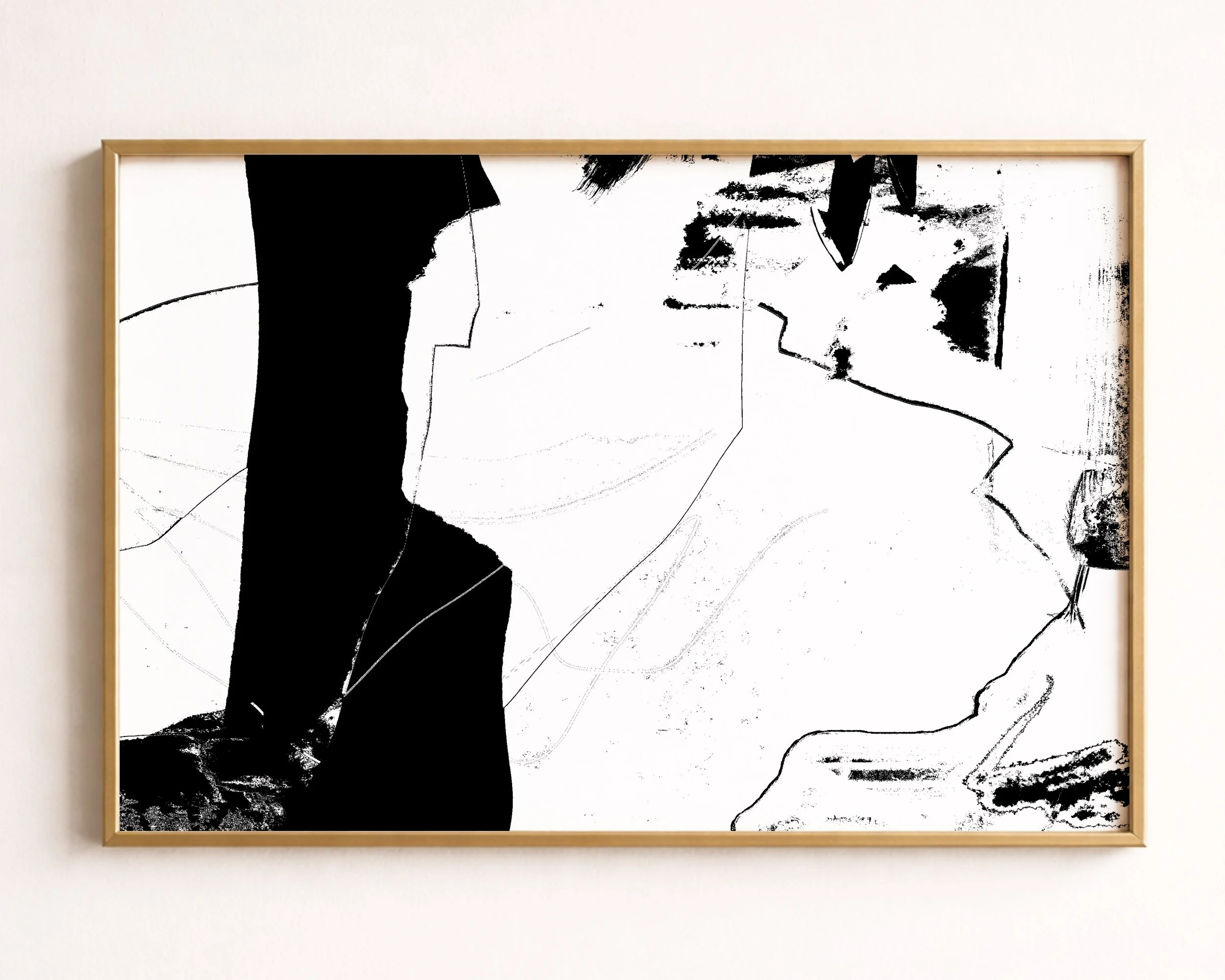 An abstract black and white digital artwork with high contrast shapes and lines.
