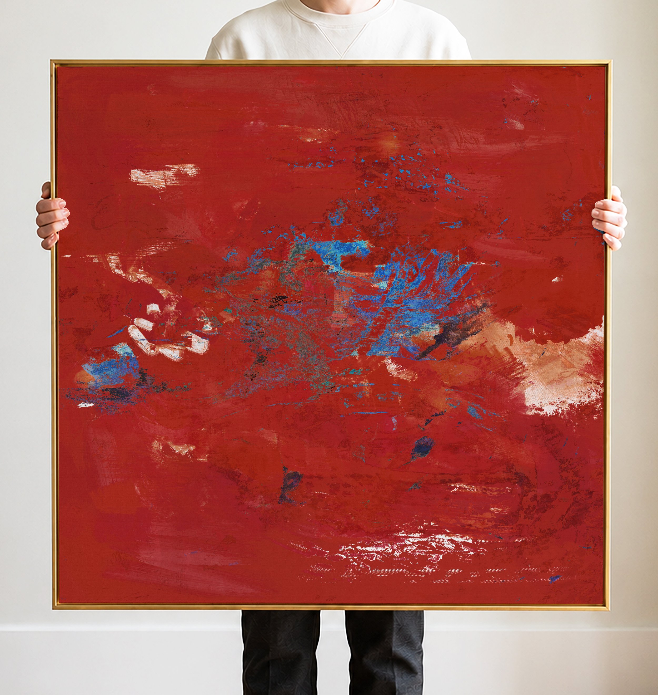 Abstract painting with a primarily red background accented by blue, black, and white brushstrokes and textures.
