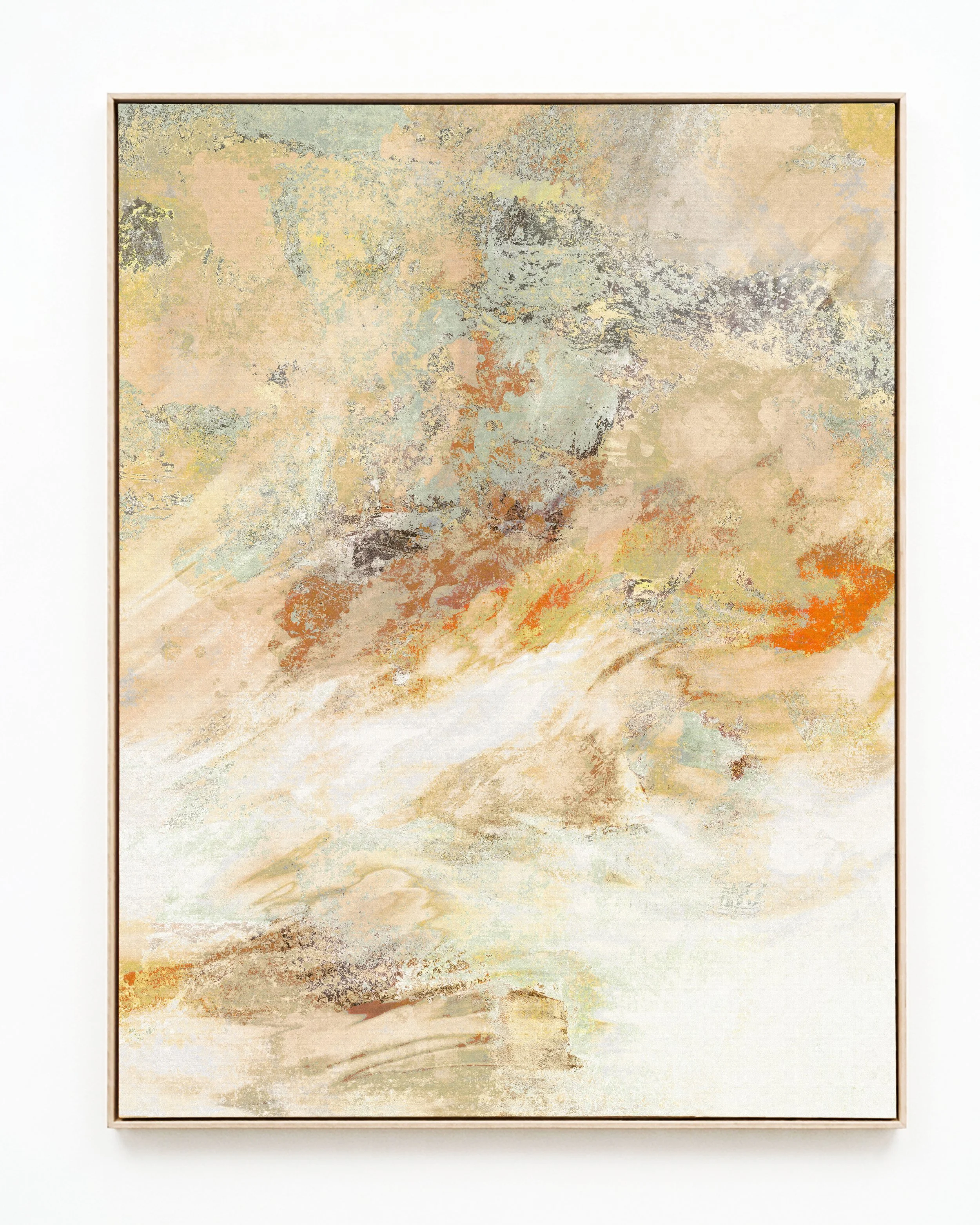 Abstract painting with soft, muted colors including beige, gray, light blue, and hints of orange and yellow, resembling a landscape with cloudy skies and a distant horizon.