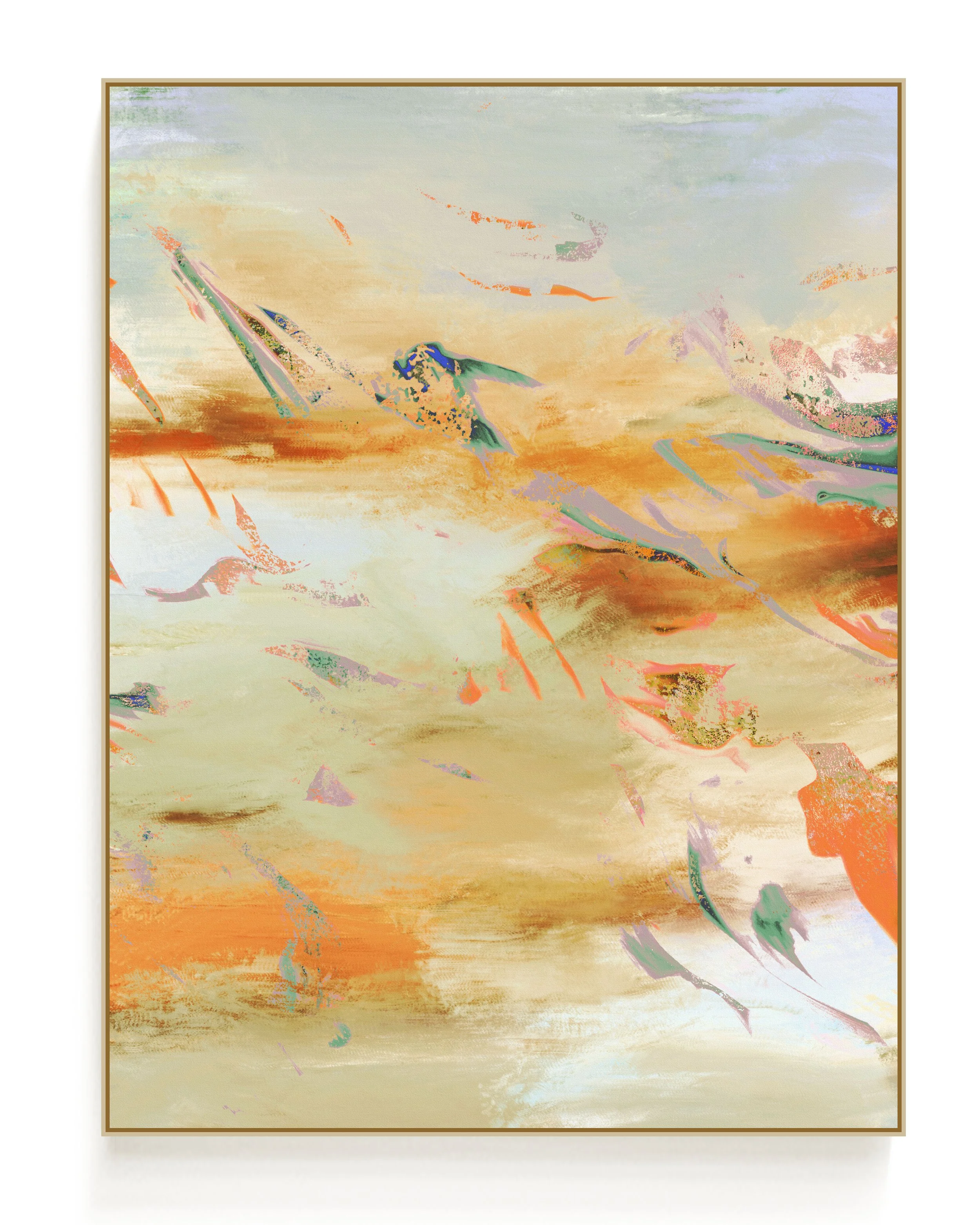 Abstract watercolor painting featuring pastel shades of orange, pink, purple, blue, and green with indistinct shapes and brushstrokes.