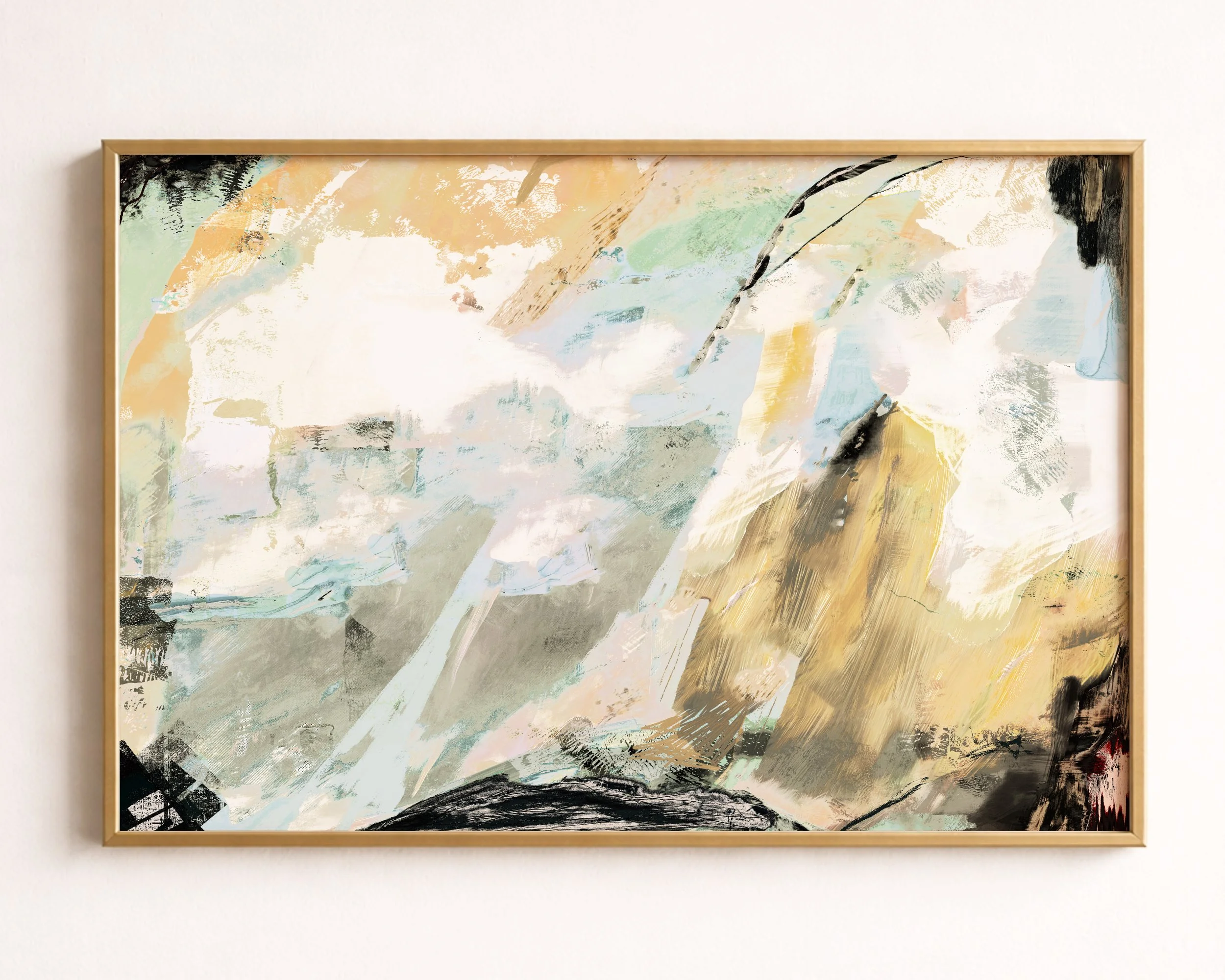 Abstract painting with soft pastel colors, brush strokes, and textured layers.