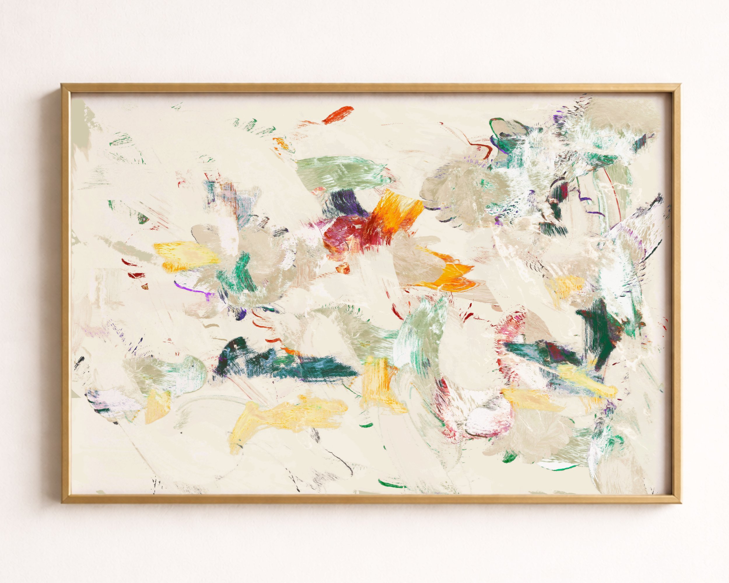 Abstract painting with splashes of pastel colors, including beige, yellow, purple, green, orange, and blue, in a loose, expressive style.