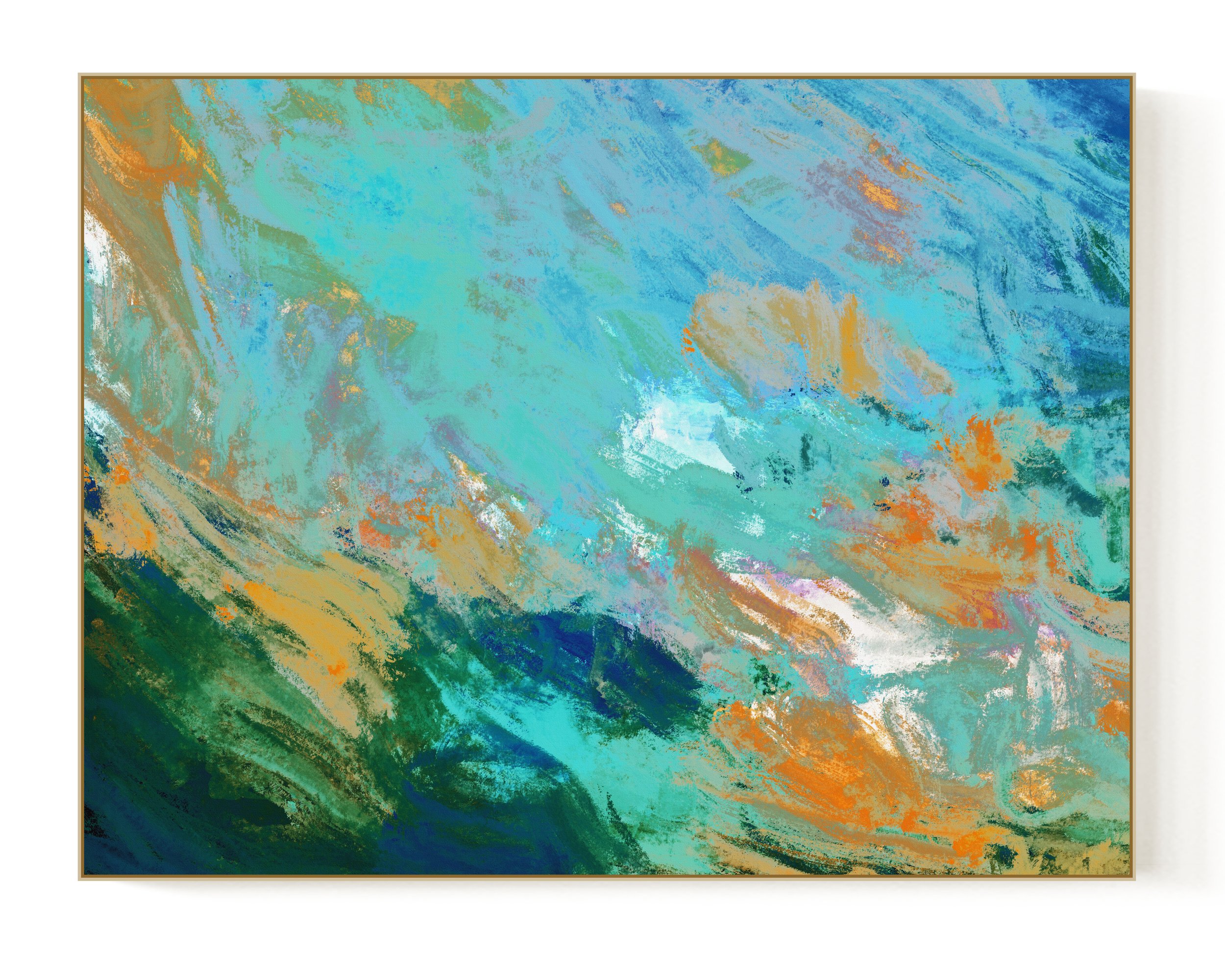 Abstract painting with swirling shades of blue, teal, orange, beige, and white.