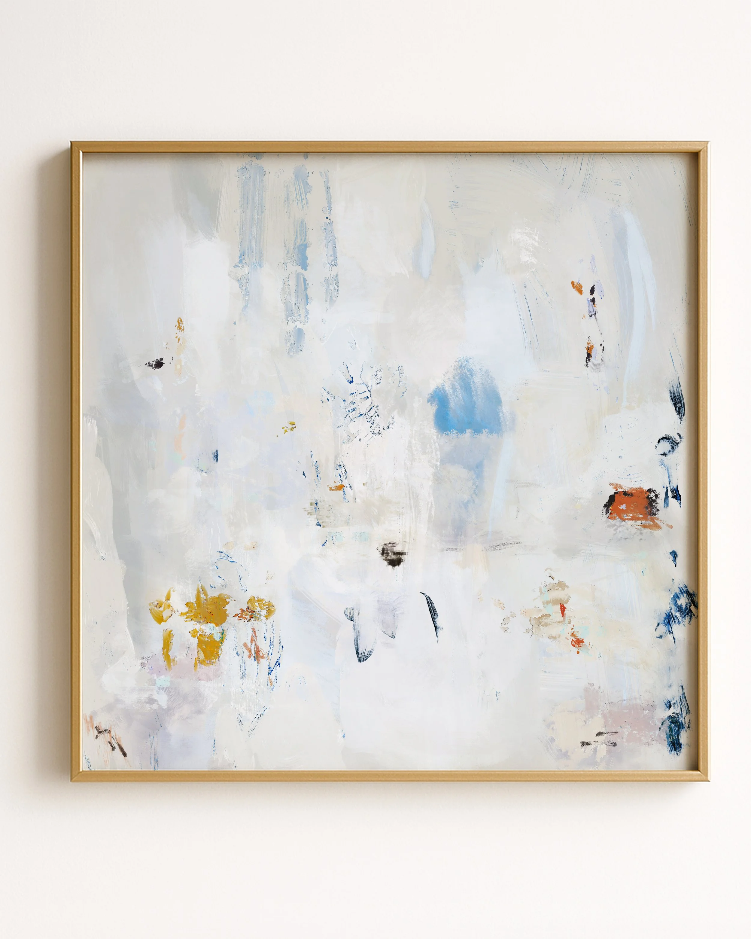 Abstract painting with light, muted colors including white, blue, orange, and black, with various brushstrokes and smudges.