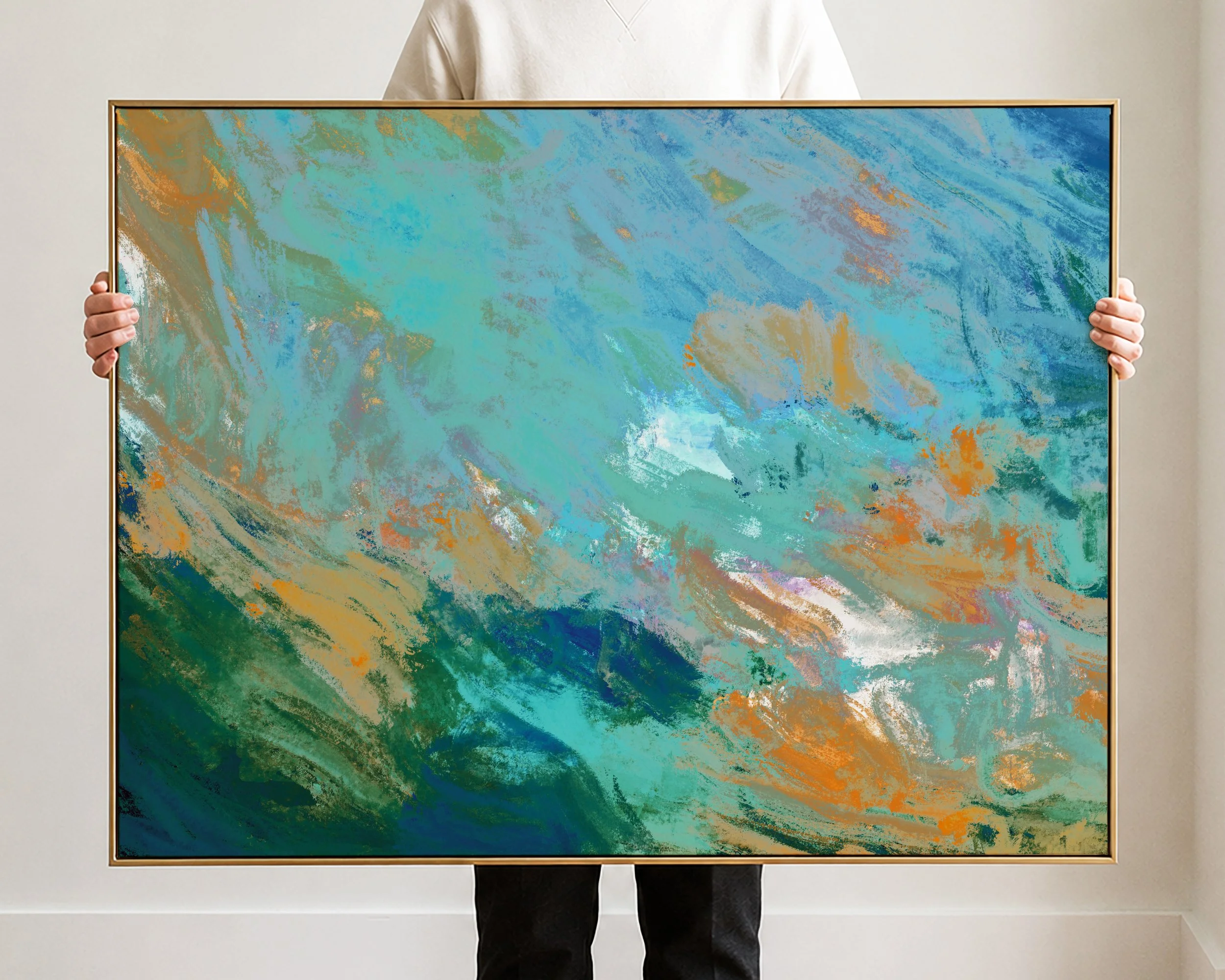 Abstract painting with swirling shades of blue, teal, orange, beige, and white.
