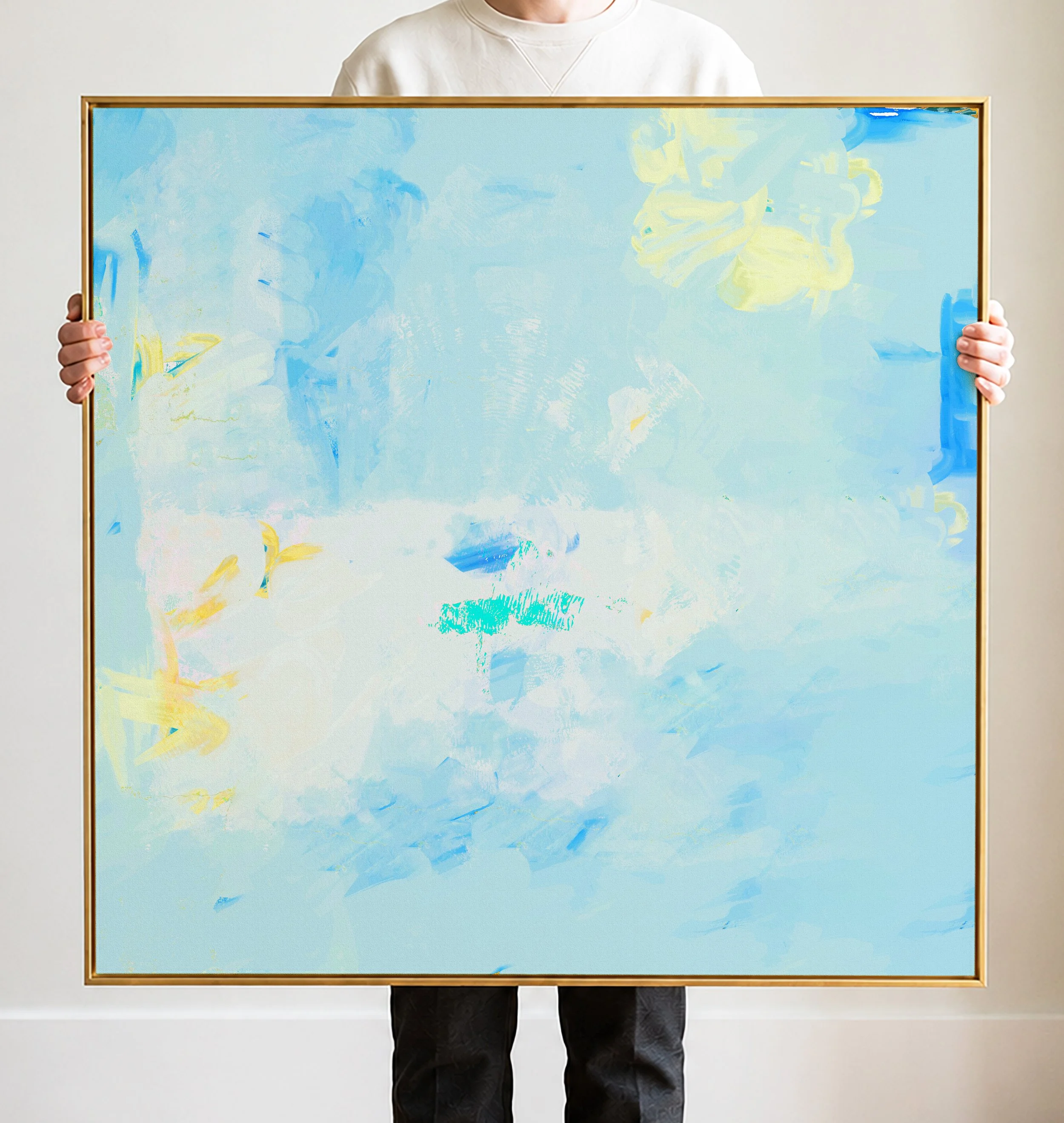 An abstract painting with a predominantly light blue background, featuring soft yellow and white brushstrokes and hints of turquoise.
