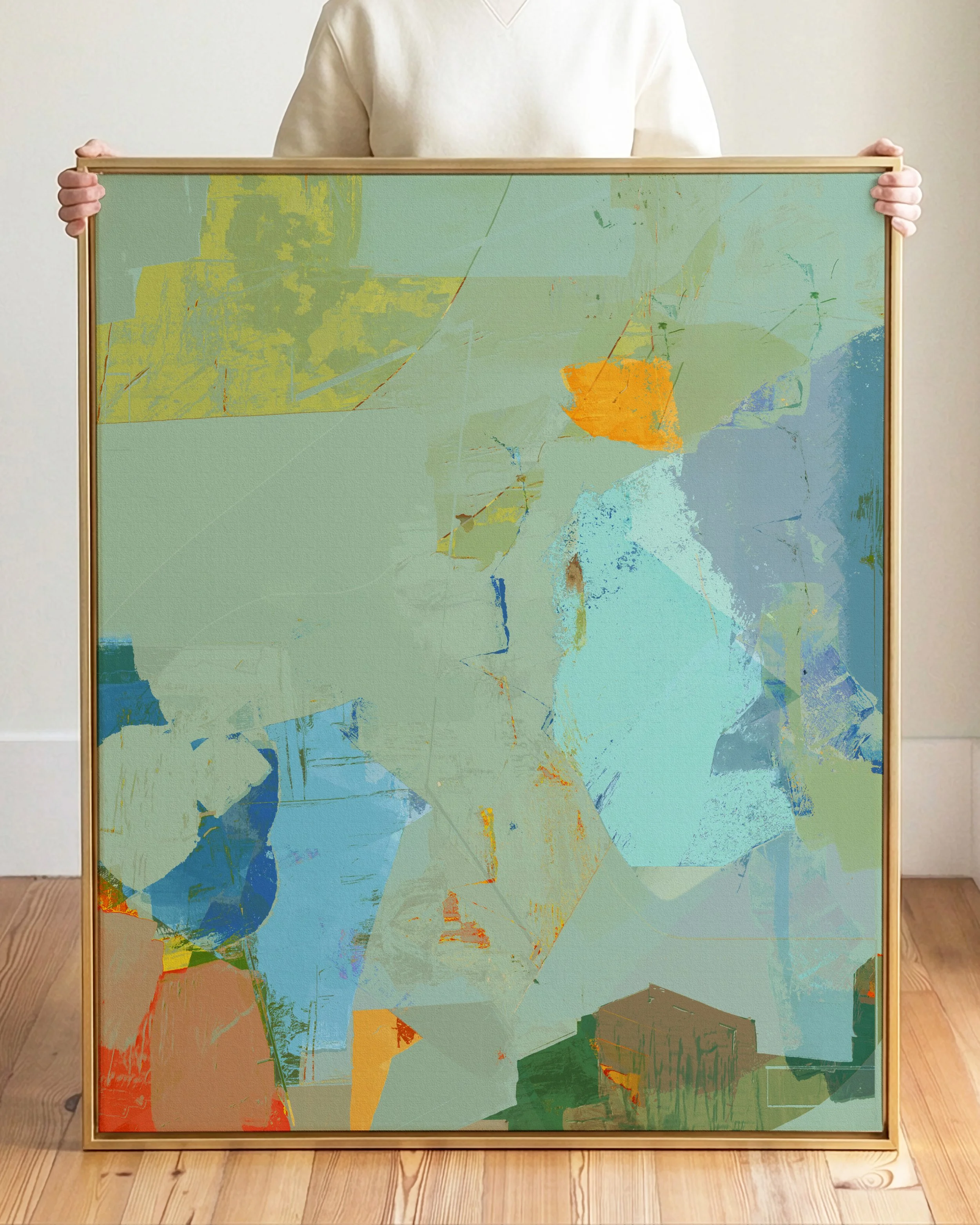 Abstract artwork with various geometric shapes and colors, including shades of blue, green, beige, white, red, and black.