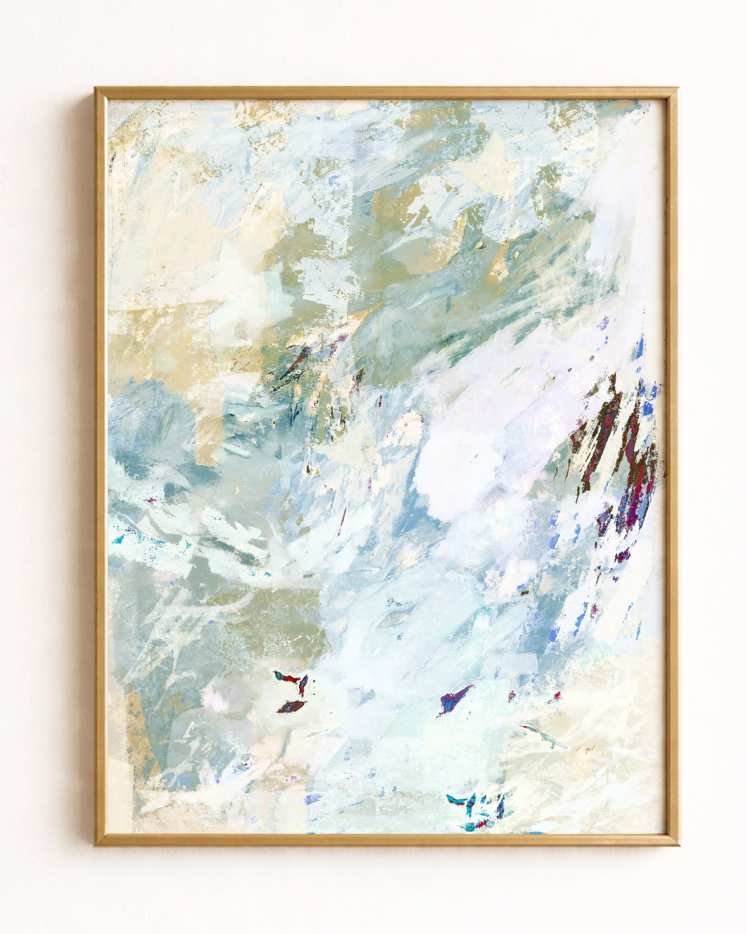 Abstract painting with swirling blue, white, gray, and beige tones, with some red and purple accents, resembling a abstract ocean scene or stormy sky.