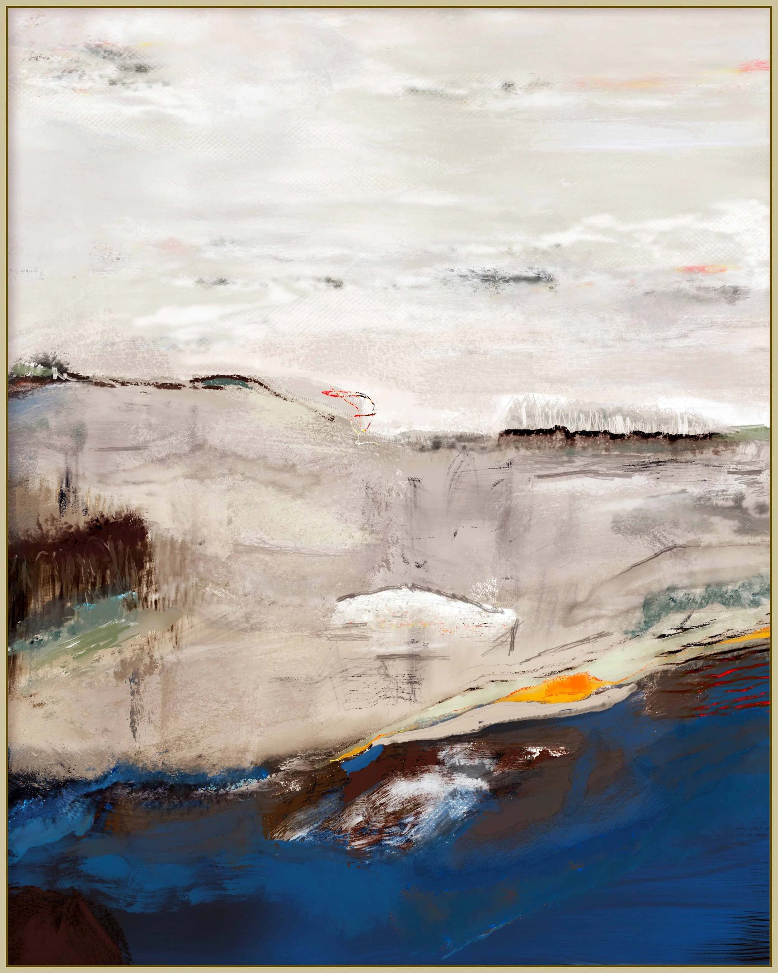 An abstract landscape painting featuring a cloudy sky, a body of water with reflections, and a shoreline with colors of blue, orange, and brown.