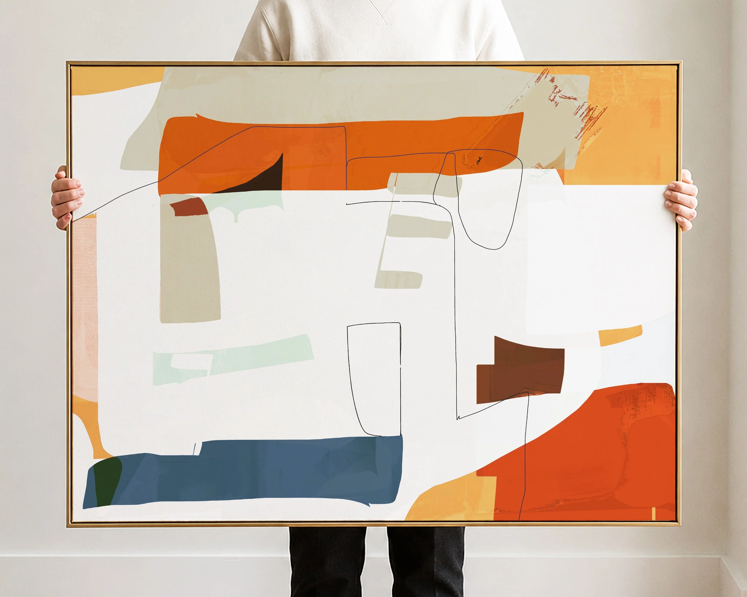 Abstract artwork with various geometric shapes and colors, including white, orange, black, beige, and blue, with some lines and textures.