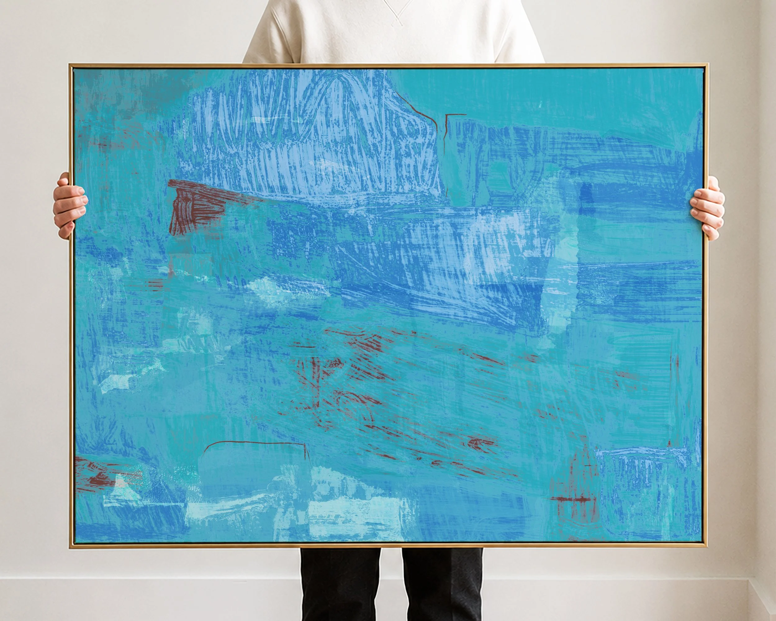 Abstract painting with shades of blue and turquoise, and accents of brown, featuring textured brushstrokes and layered strokes.