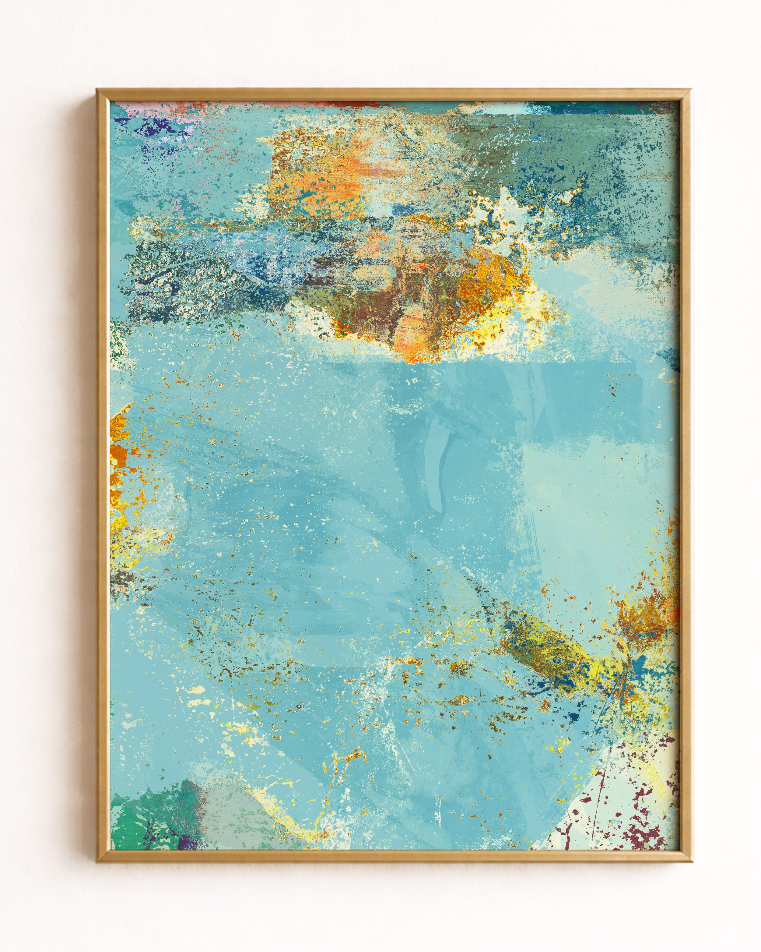 Abstract watercolor painting with blue, orange, yellow, green, and brown splashes and streaks.