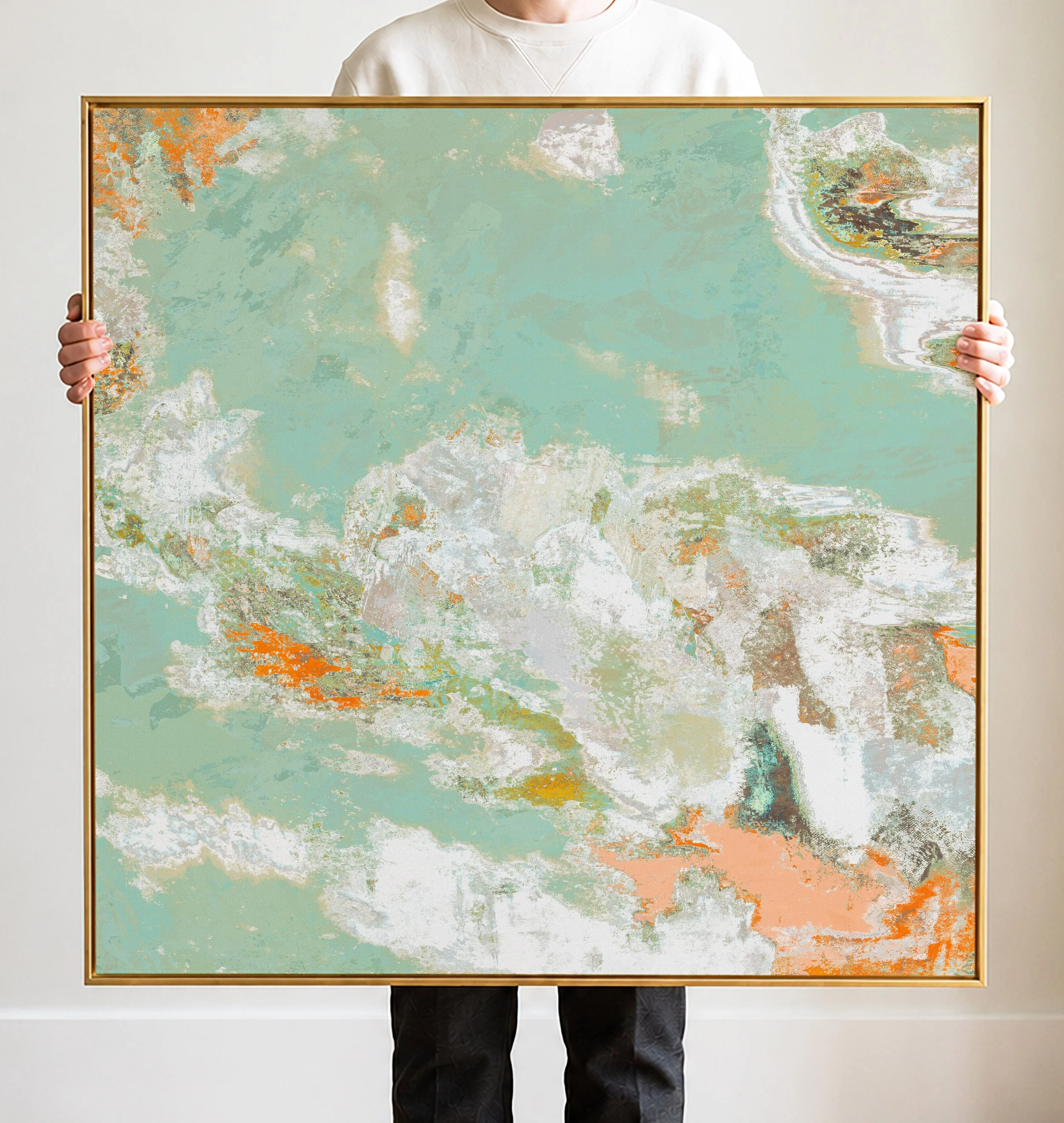 Abstract artwork with pastel colors including light green, white, orange, and hints of dark shades, with swirling and textured patterns.