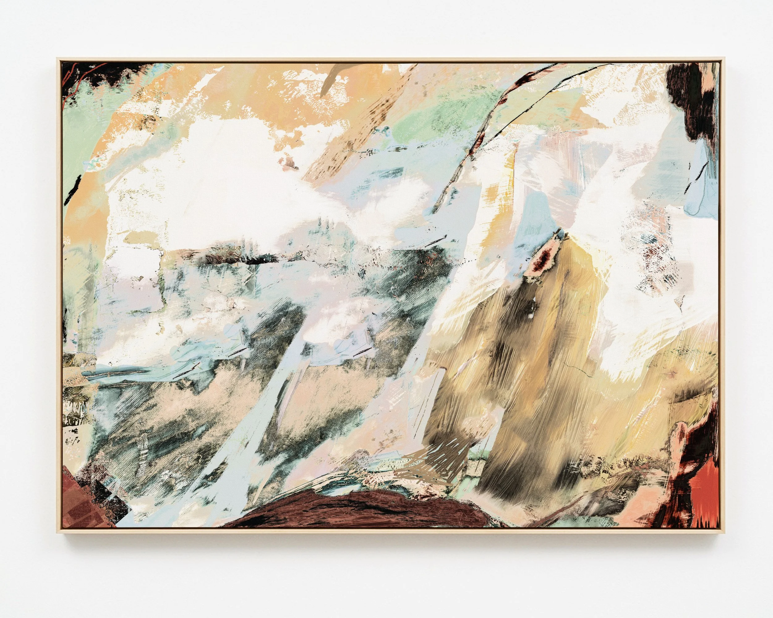 Abstract painting with soft pastel colors, brush strokes, and textured layers.