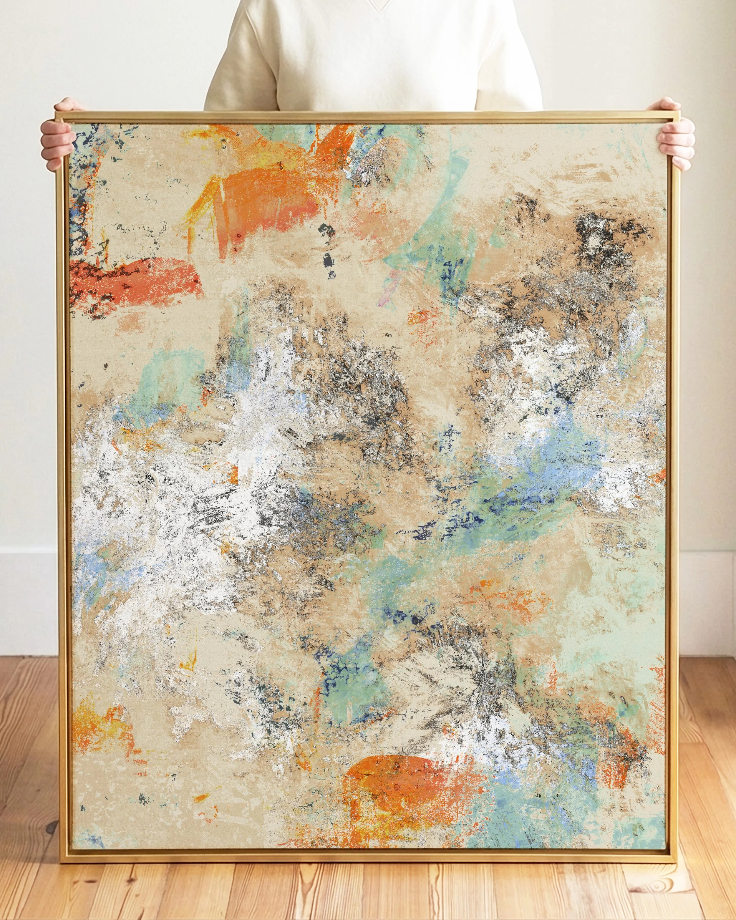 An abstract painting with pastel and earthy tones, including orange, beige, blue, green, black, and white, with a textured, layered appearance.