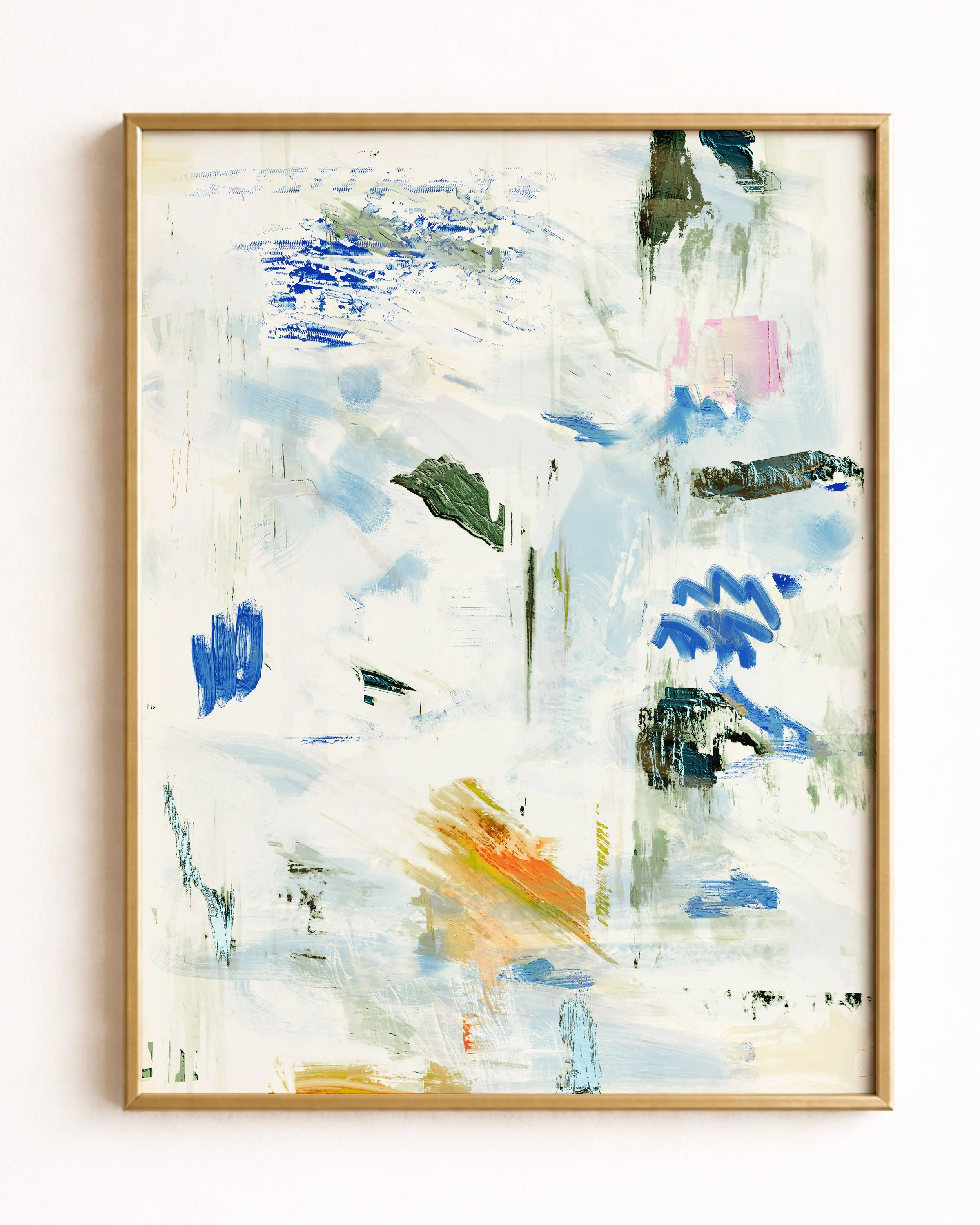 Abstract painting with blue, green, orange, pink, and black brushstrokes on a light background.