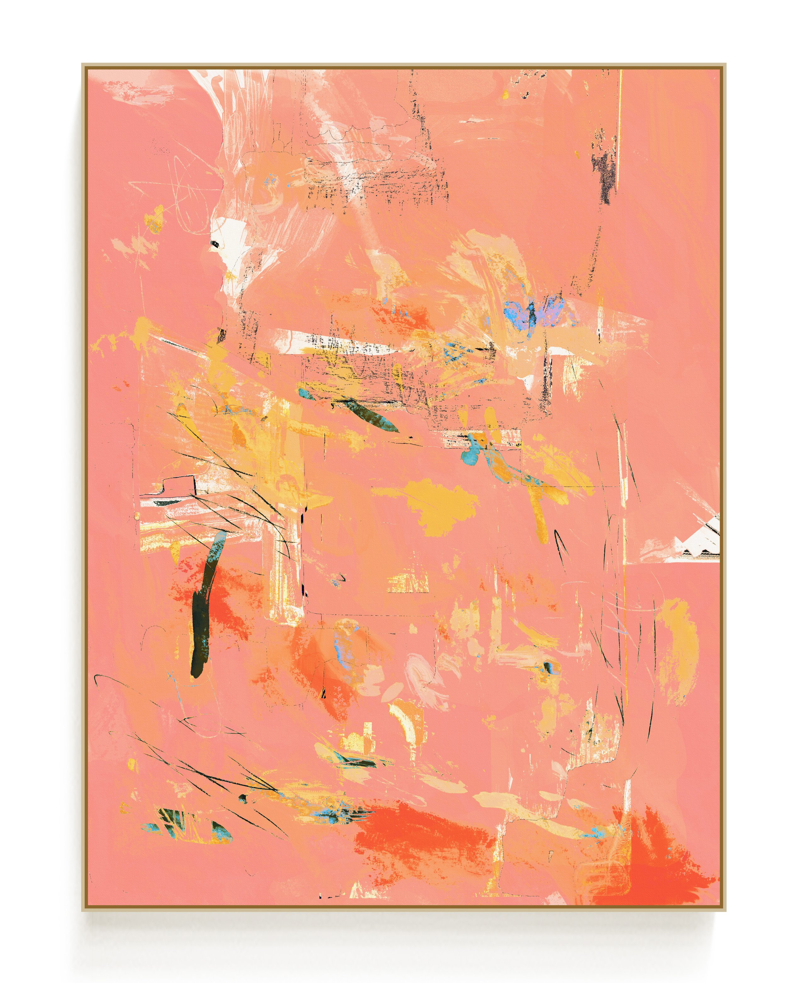 Abstract digital artwork with pink, blue, green, and black brushstrokes and scribbles.