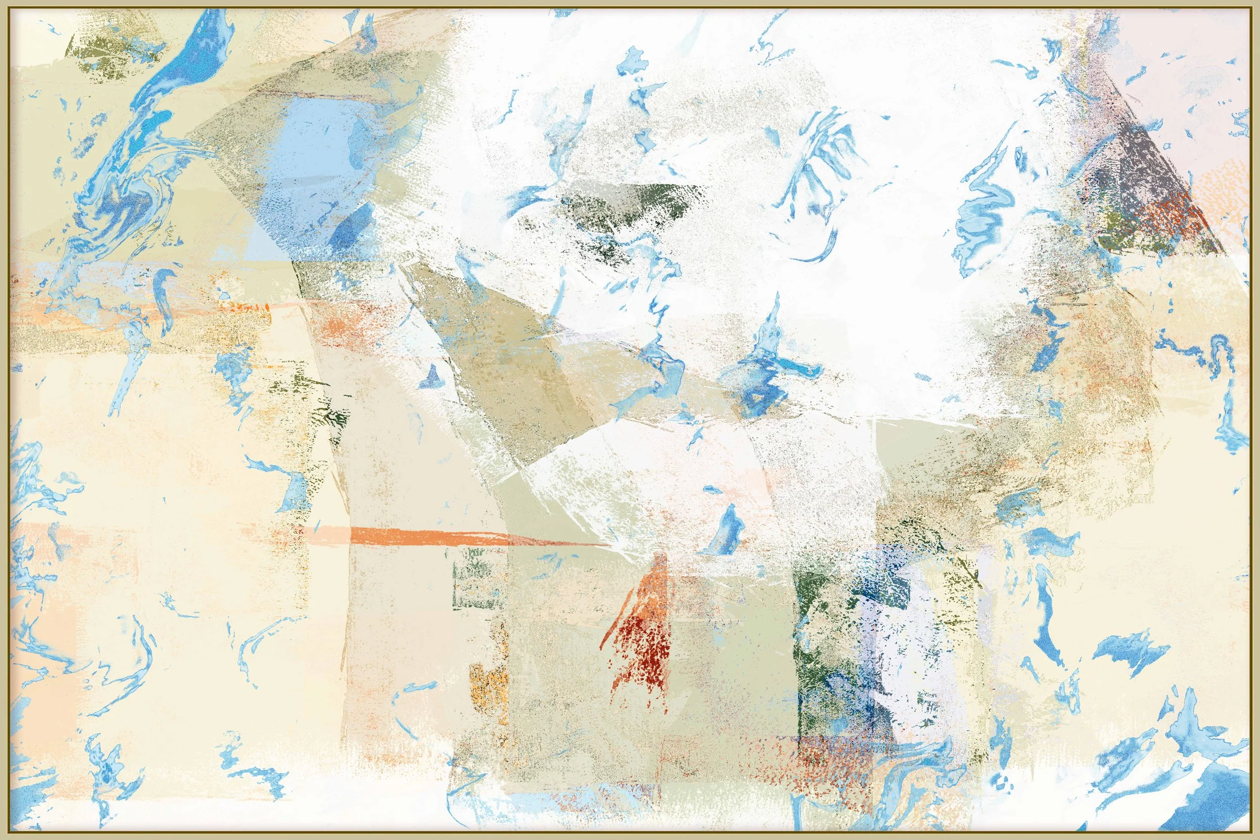 Abstract digital art with pastel shades of blue, green, beige, and orange, featuring textured patterns and irregular shapes.