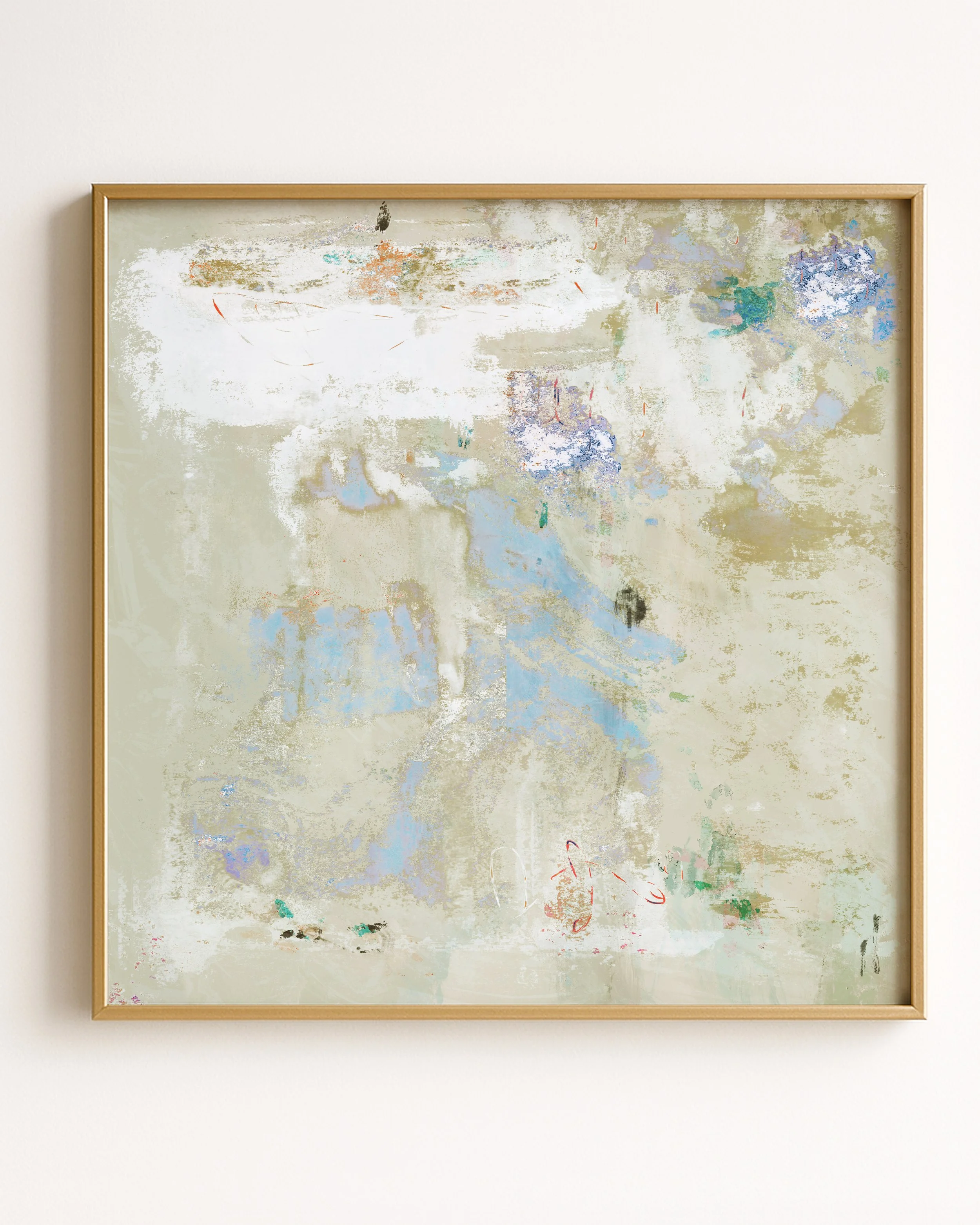 An abstract, highly pixelated and distorted image with beige, white, blue, green, and purple hues, with some faint signs of a scene possibly including water or sky and some indistinct shapes.