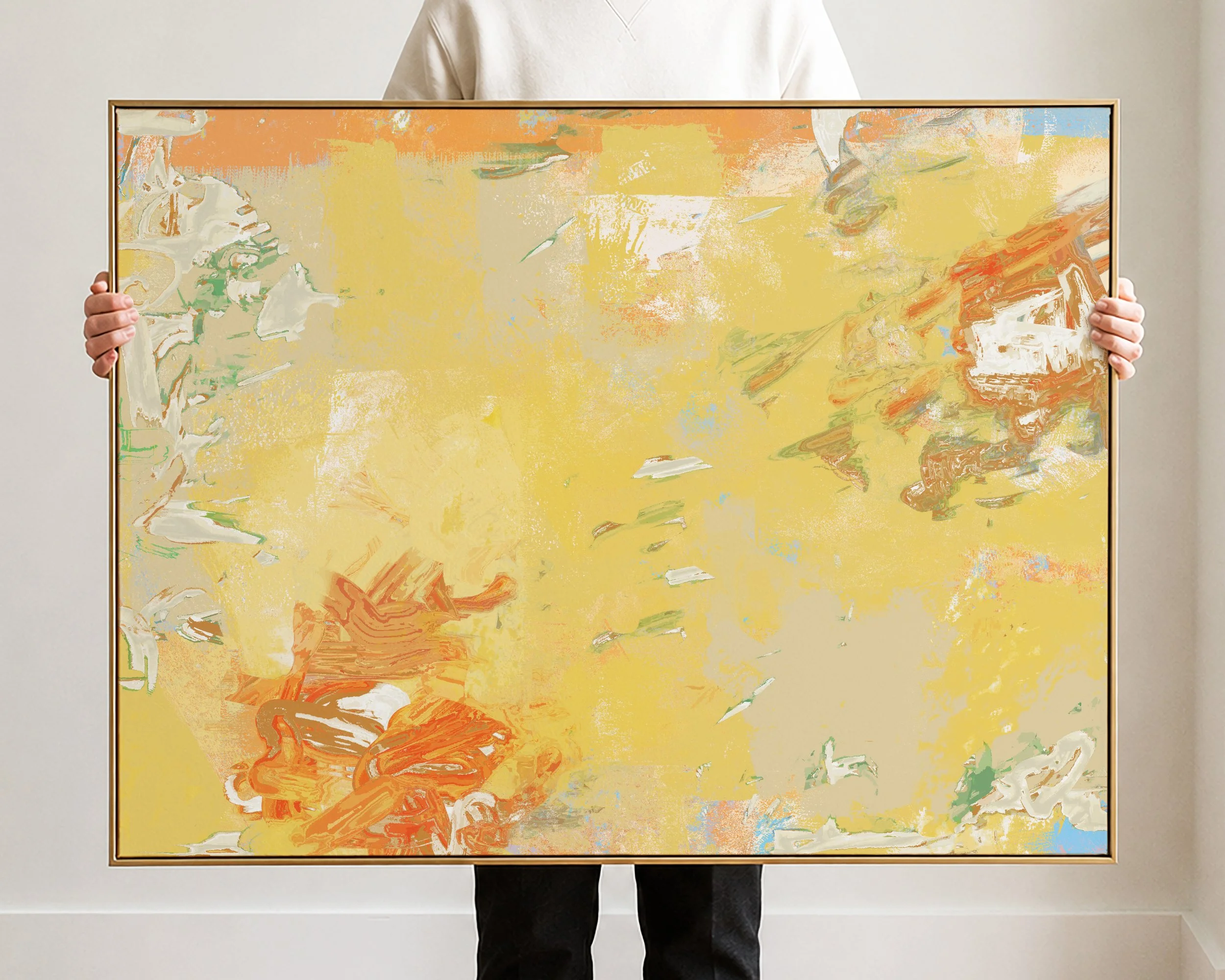 Abstract painting with dominant yellow, orange, and beige tones, with hints of green, white, and blue.